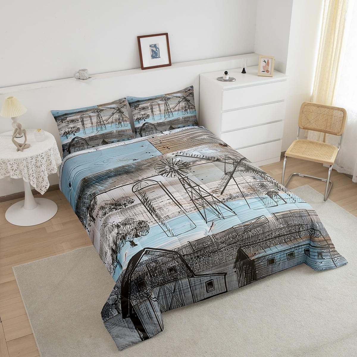 Erosebridal Garden Windmill Quilt Windmill Decor Farmhouse Comforter Set Queen,Lodge Cabin Wooden Plank Bedding Set Cottage Barn Door Wood Board Vintage Farm House Pinwheel Winnower Rustic Home Decor