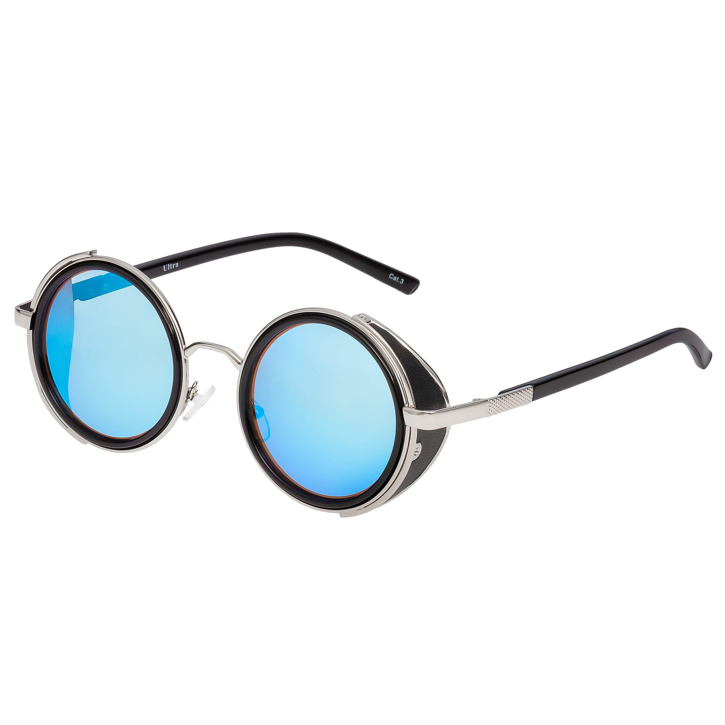 Steampunk Sunglasses Goggles Glasses Round UV400 - Silver / Silver Frame with Blue Mirrored Lenses