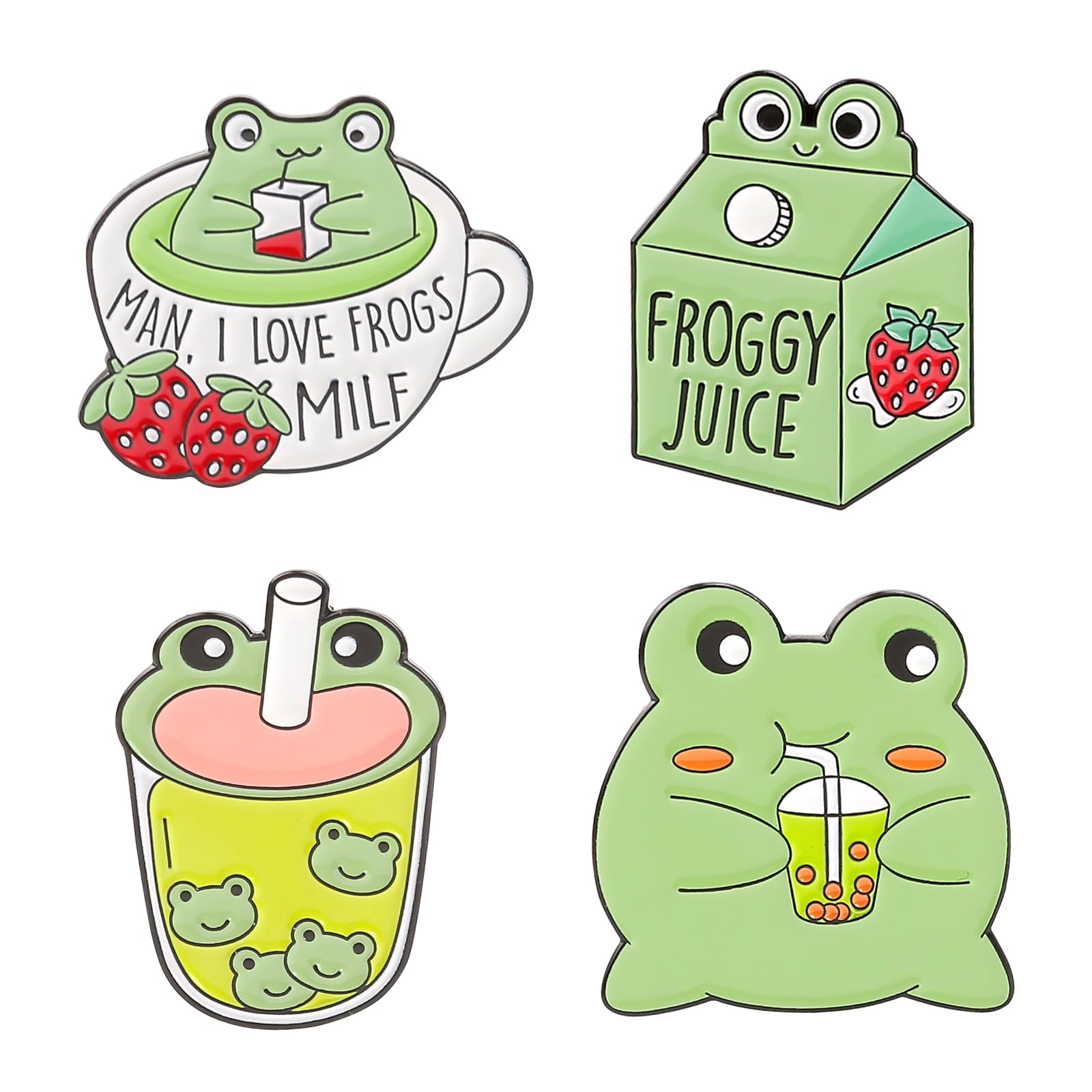 FLYEMMET Cute Enamel Pins for Backpacks, Kawaii Anime Fish Fox Rabbit Bee Cartoon Pins for Kids, Lapel Pin Set Badges for DIY Clothing Bags Jackets Jewelry Accessory Decoration Gift - 4 Pieces Frog & Drinks