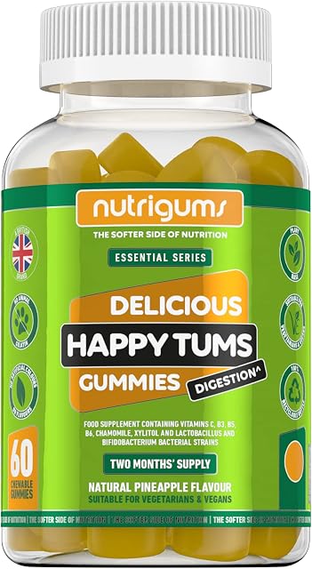 NUTRIGUMS® Happy TUMS (Probiotics) 60 Vegan Gummies. Pineapple Flavour. Gut & Digestive Health 1.25 Billion CFU Probiotics, Vitamins C, B3, B5, B6, Chamomile and Xylitol. for Adults + Kids Age 5+