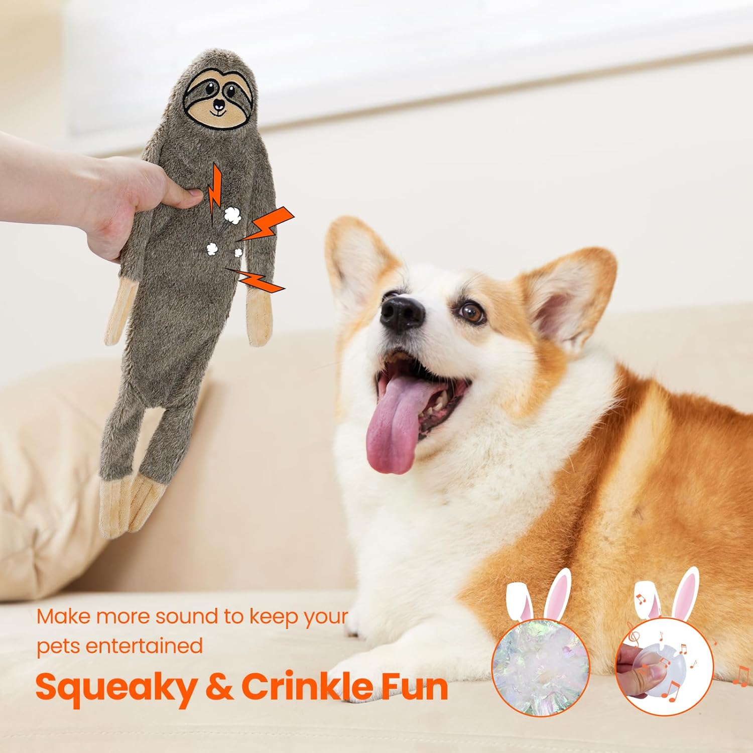 HGB Tough Indestructible Dog Chew Toys Bundle with Bunny No Stuffing Crinkle Plush Dog Toys
