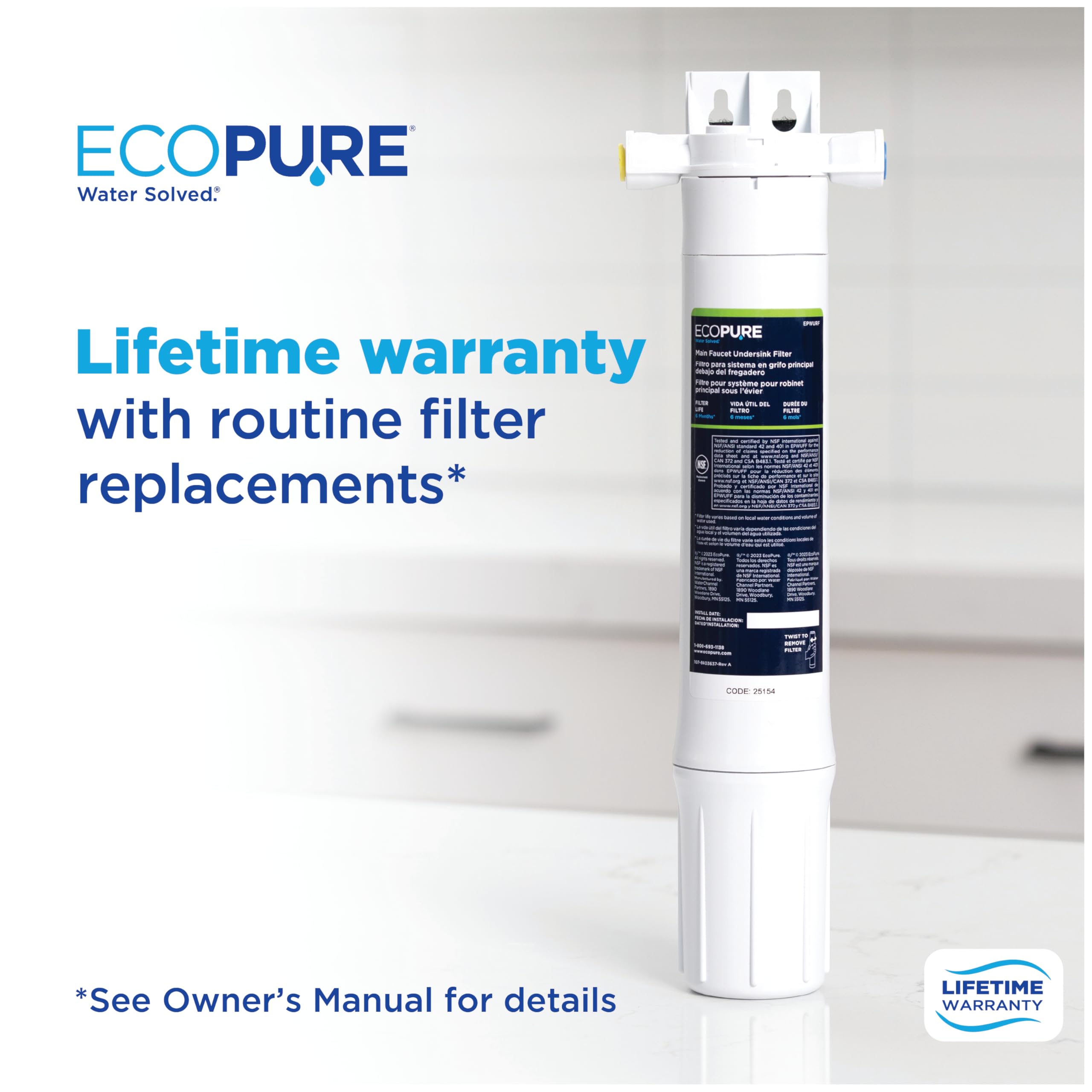 ECOPURE | Système de Filtration Instantanée Sous Évier (EPWUFF)| Installation Facile Directement au Robinet Principal | Réduit Chlore, Sédiments et Kystes | Durée de Vie : 6 Mois/7500L d'Eau