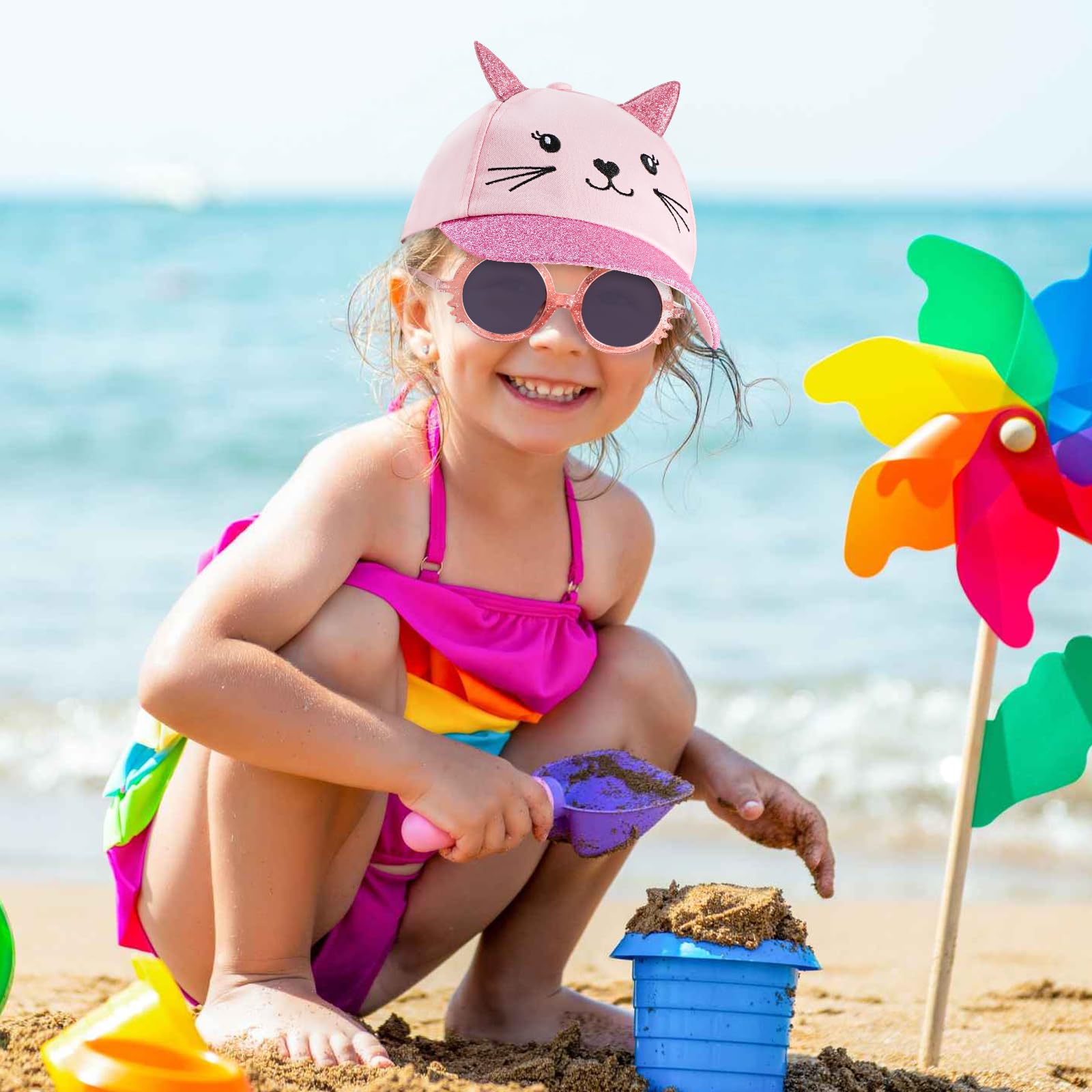 Gorra de Béisbol para Niñas con Orejas de Gato, Gafas de Sol para Niños Protección UV Ajustable Sombrero de Lentejuelas Visera Lindo Playa Gorras Casual Regalos para Niñas Verano