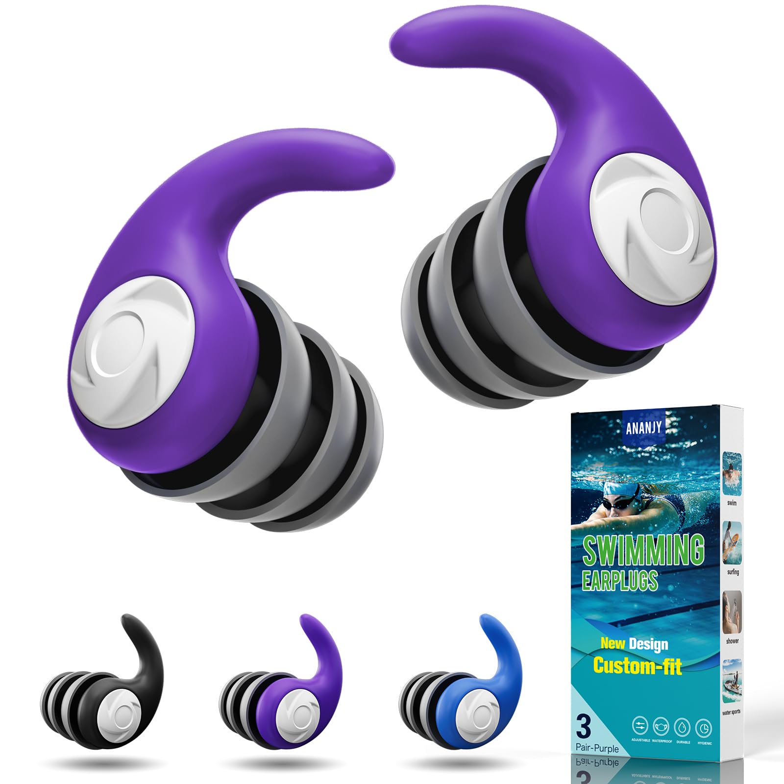 Waterproof Swimming Ear Plugs for Adults - 3 Pairs of Reusable Soft Silicone Swim Earplugs,Perfect for Surfing, Diving,Pool,Showering and Other Water Sports - Keep Water Out and Ear Protection
