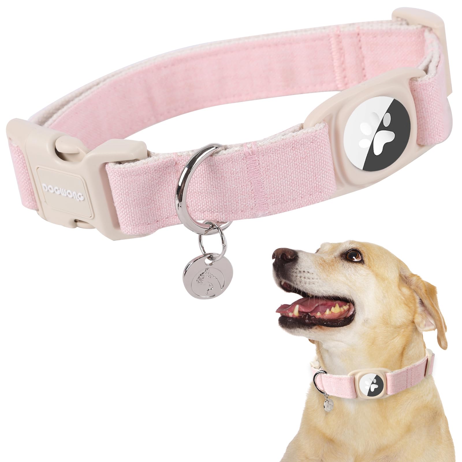 DOGWONG Airtag Cotton Hemp Dog Collar, Heavy-Duty Dog Collar with Airtag Holder Pink Natural Fabric Pet Cute Puppy Necklace for Small Medium Large