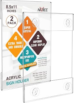 NIUBEE Acrylic Window Sign HolderGlass Door Sign Holder with 4 Suction Cups 8.5x11 Inch--Window Mount for Displaying Flyers, Notices, Documents and Menus, for Office, Store, Home, Restaurant Use 2 Pack