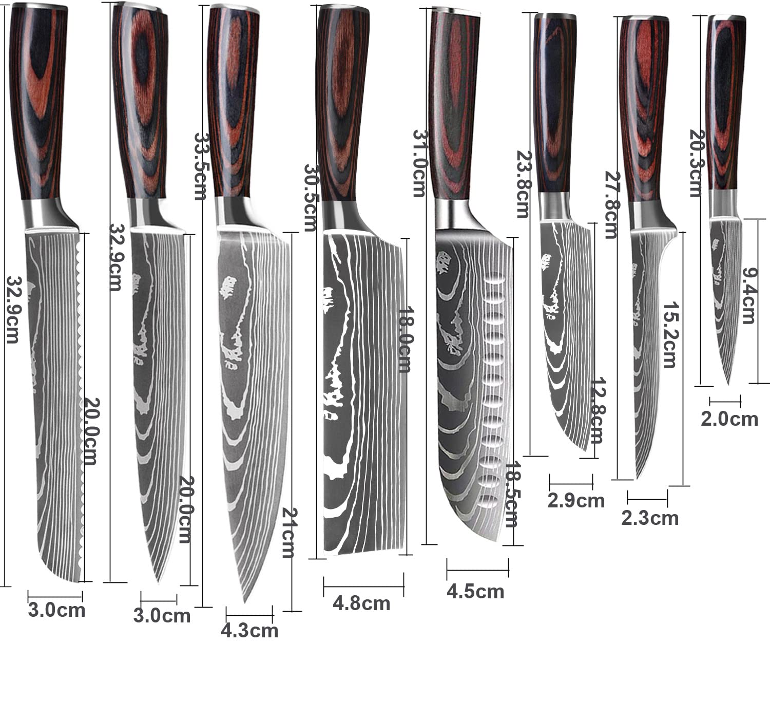 8 Stücke Messer set Kochmesser Universalmesser Küchenmesser Scharfe aus Deutschem Edelstahl, Ergonomischer Pakkawood Grifen