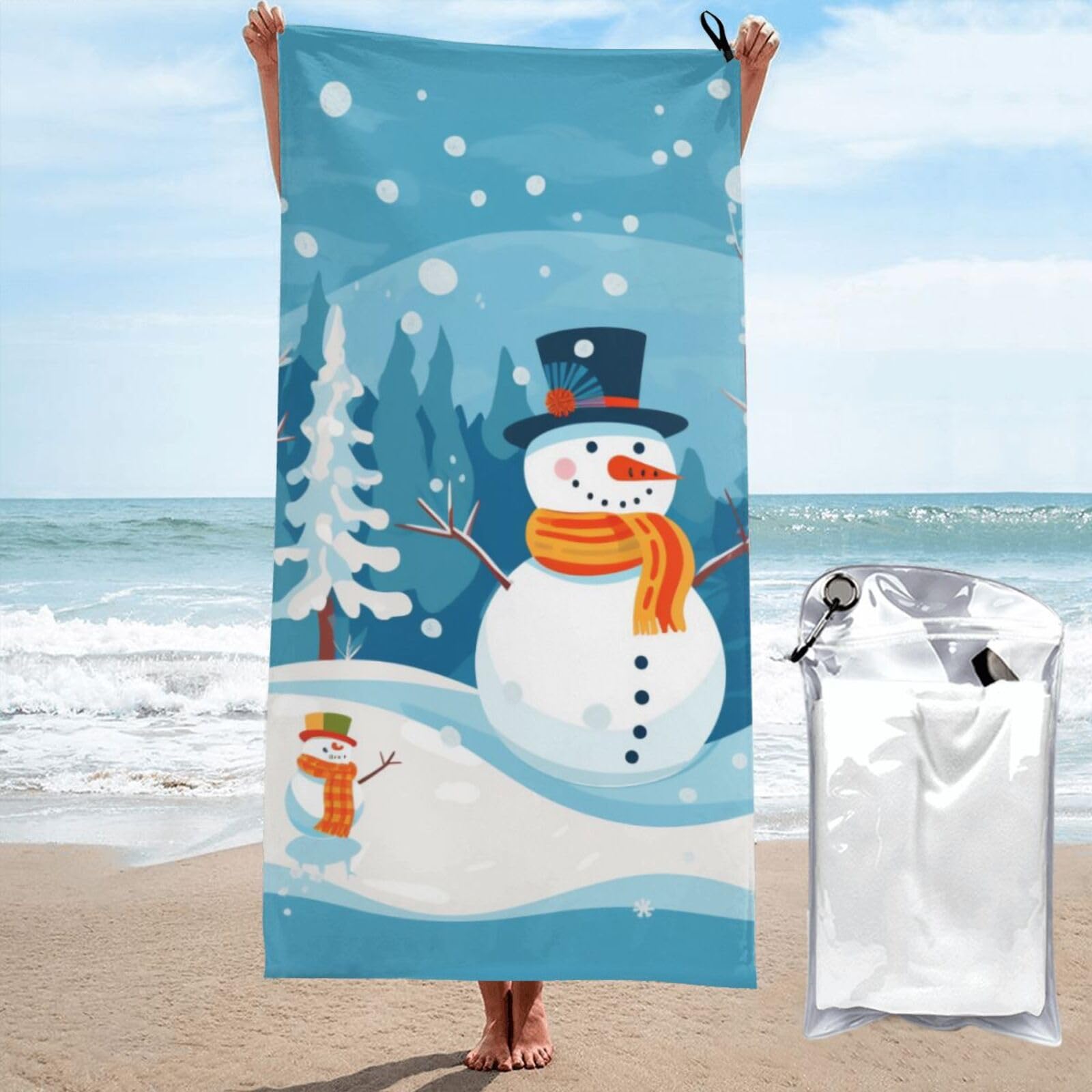 BWWHCCTI Winter Snowman Printed Microfiber Quick Dry Beach Towel 70x140 CM, Fast Drying Bath Towels with Bags for Travel,Camping,Gym,Beach,Swimming,Yoga