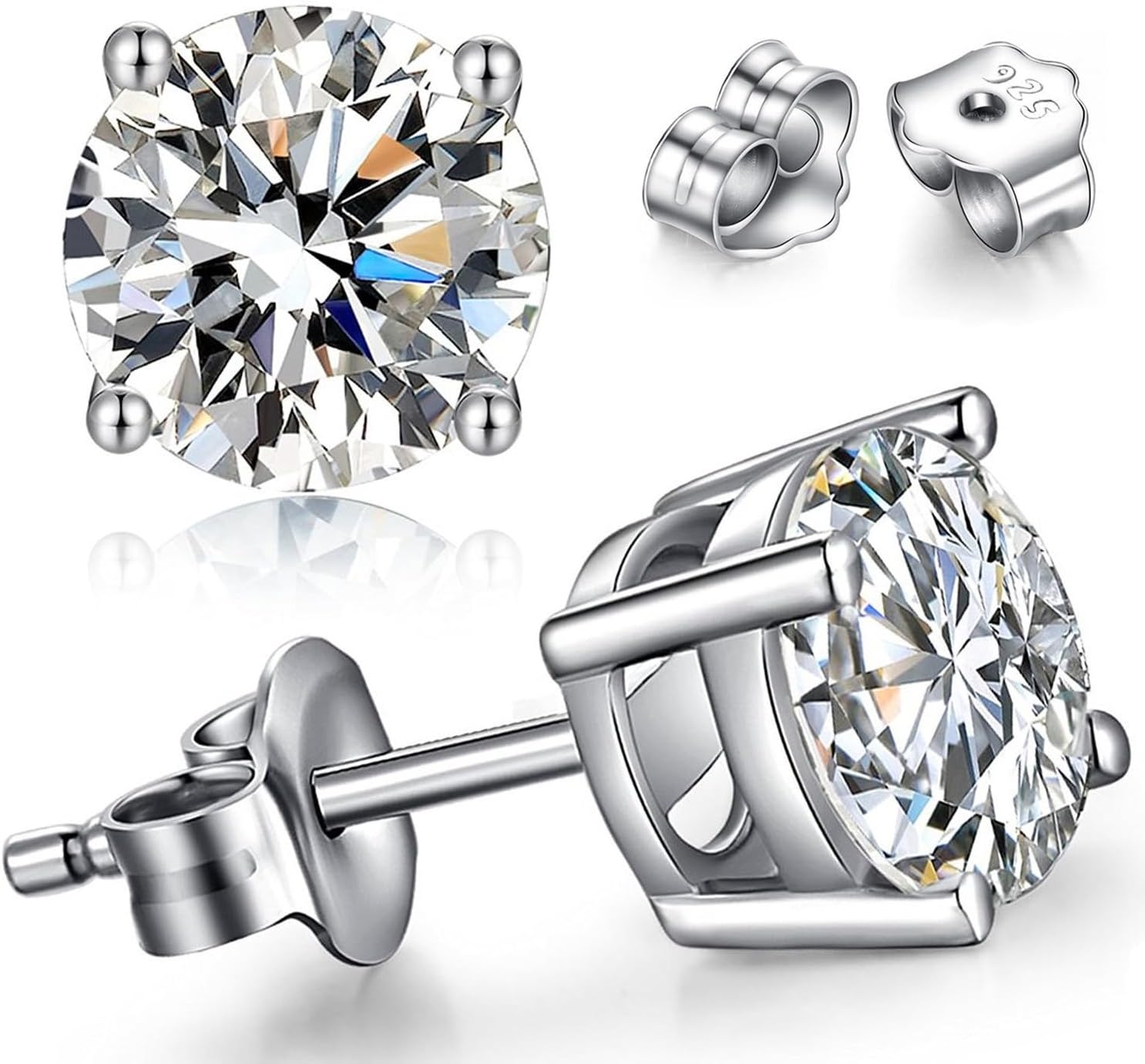 TTVOVO 925 Sterling Silver Stud Earrings Princess Cut Cubic Zirconia Sparkling Simulated CZ Diamond Earrings for Women Men Round 4 Prong Ear Studs Piercing Earrings Hypoallergenic Jewelry Gifts, 8MM