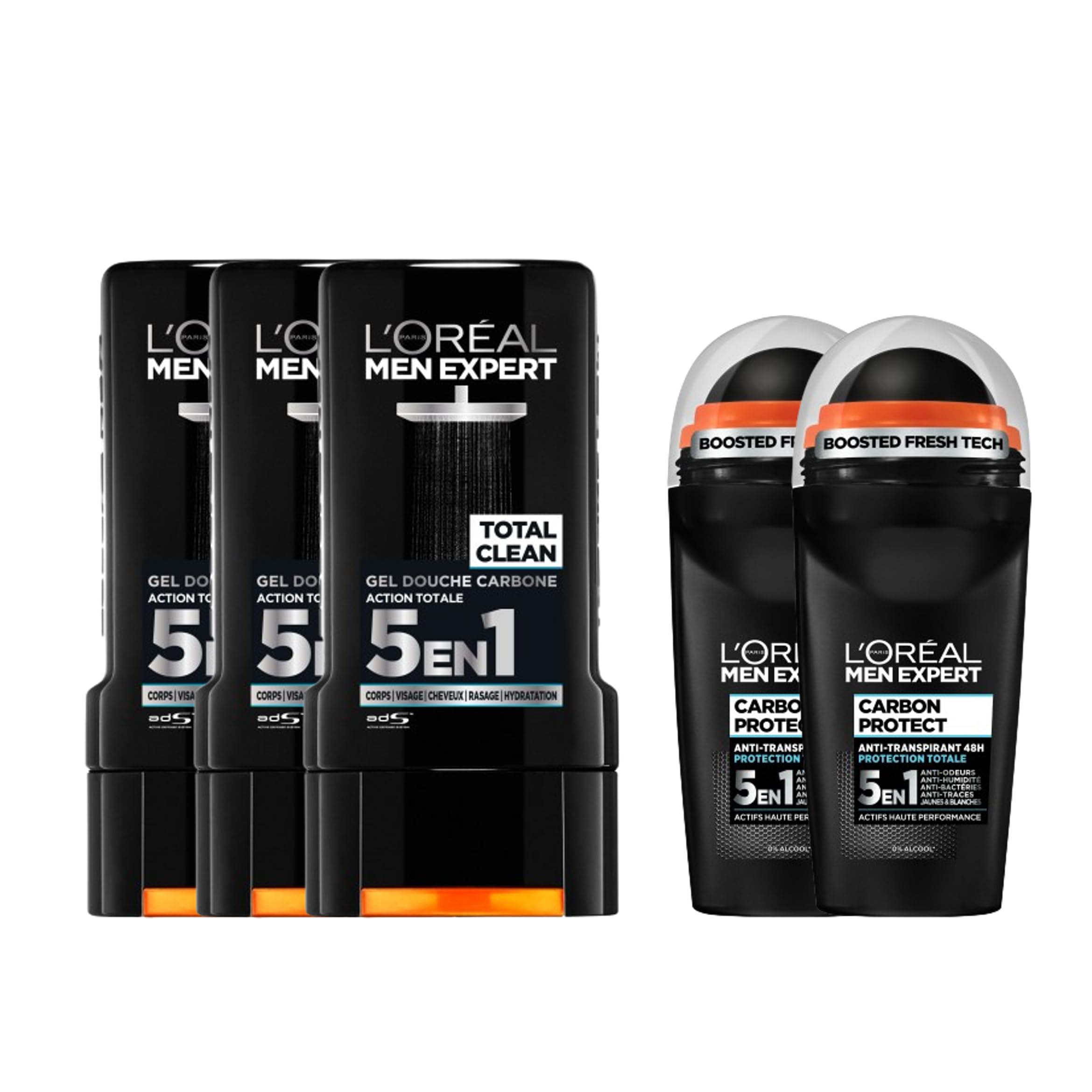 L'Oréal Men Expert - Routine Carbon Protect żel pod prysznic i dezodorant dla mężczyzn - 3x żele pod prysznic Carbon Protect, 2x dezodorant Carbon Protect