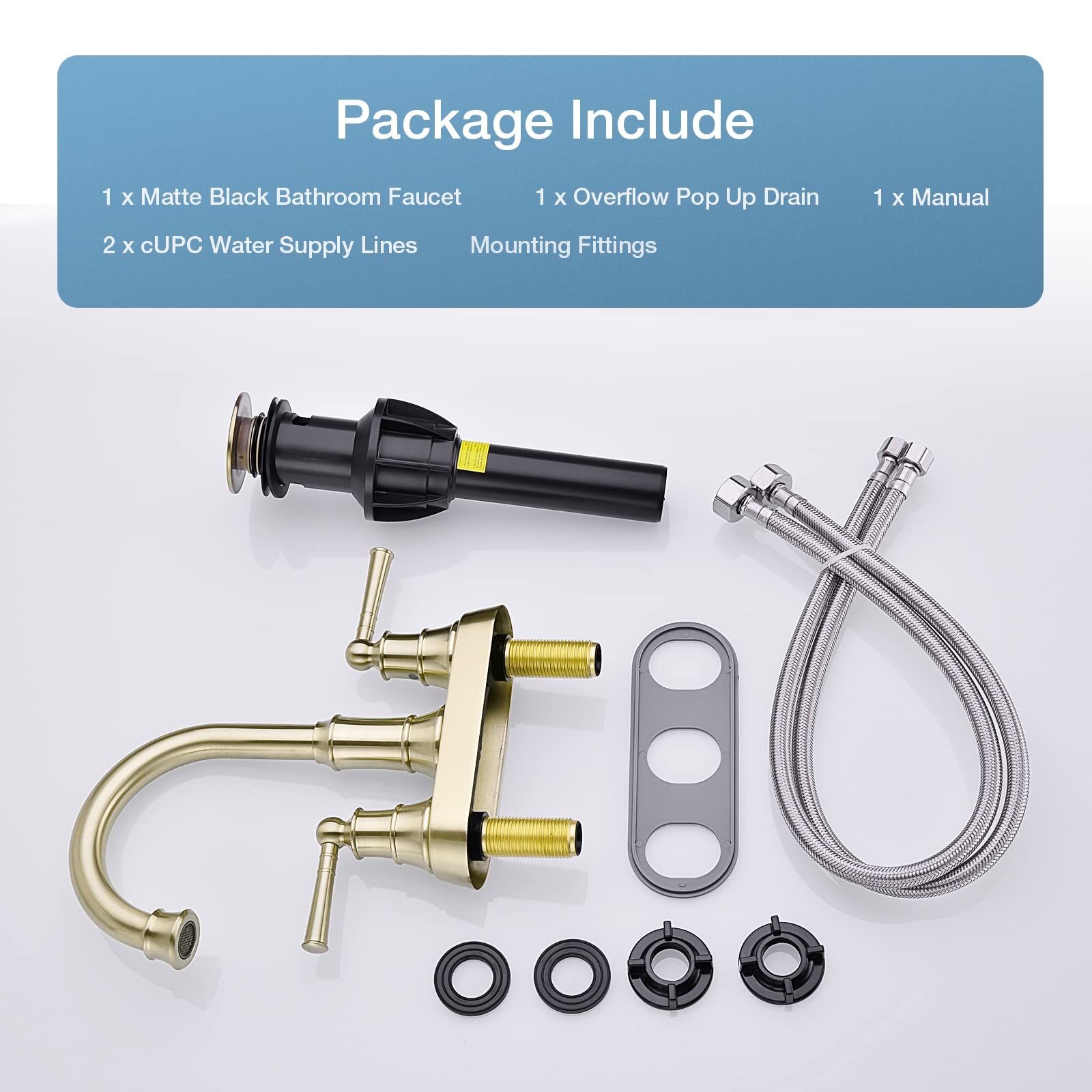 4 Inch Centerset Bathroom Faucet Brushed Gold with Overflow Sink Drain and cUPC Water Supply Lines 2 Handle — view 6