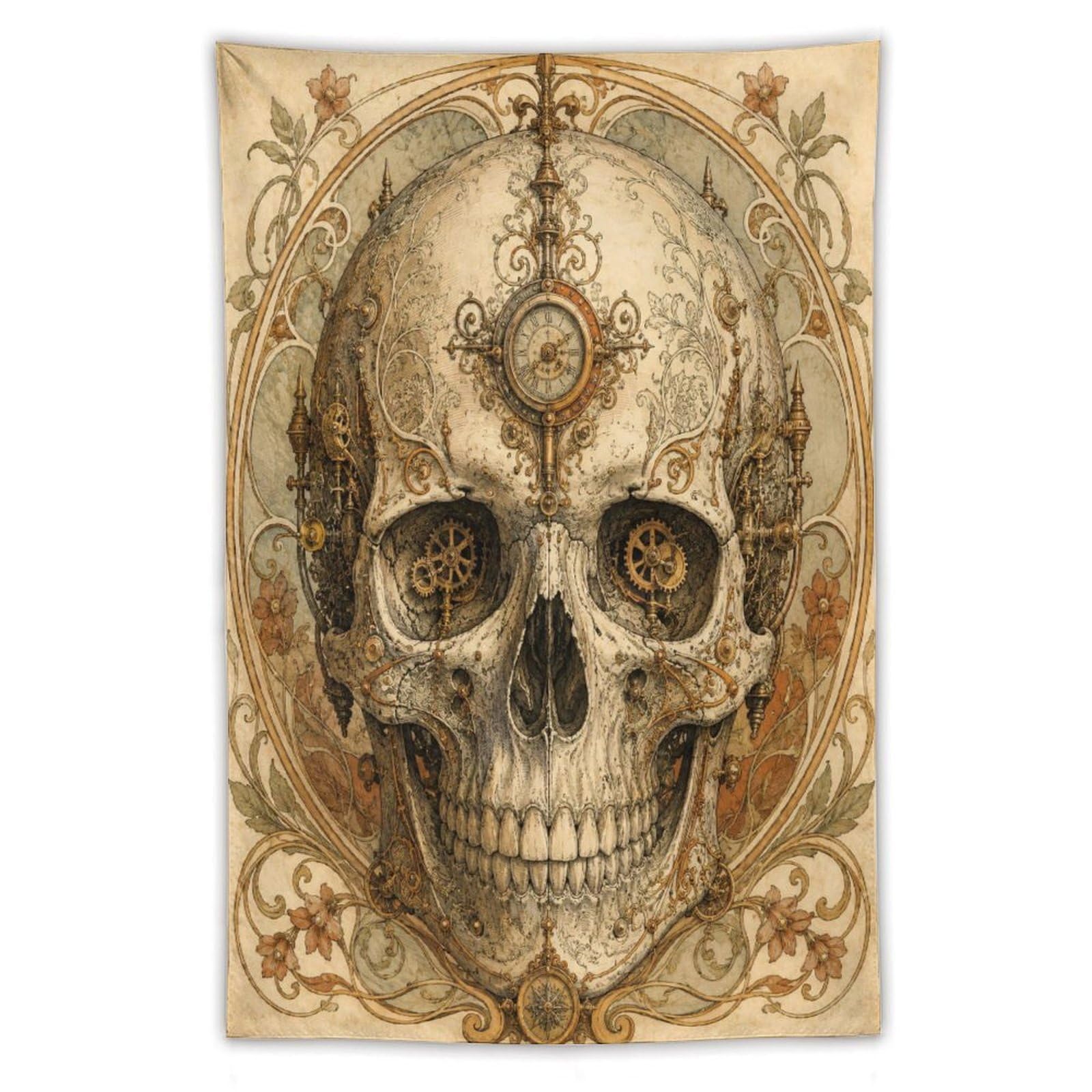 Clockwork Skull Wall Tapestry, Fantasy Illustration, Stylized Gears