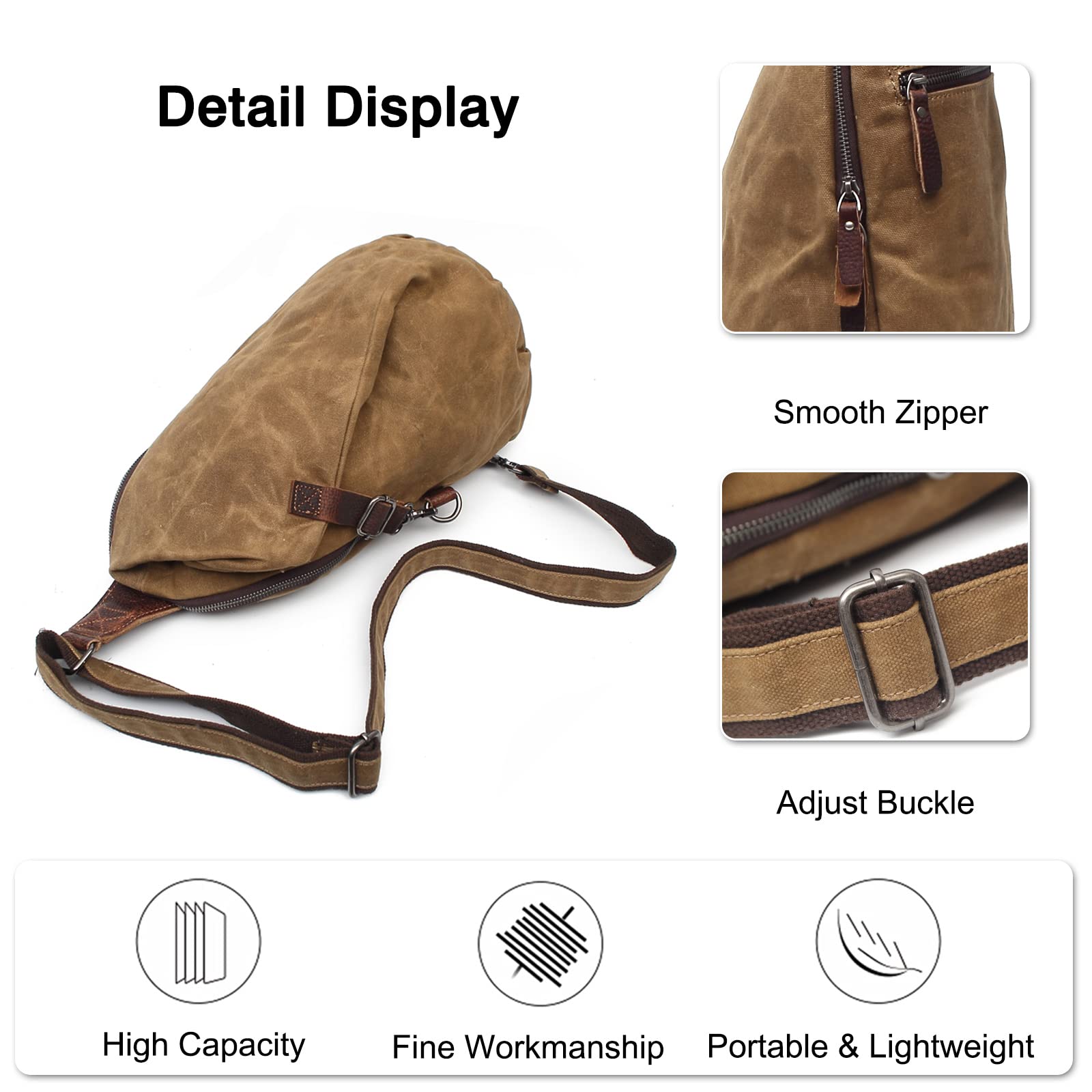 FANDARE Retrò Zaino Monospalla Tela Zaino Spalla Zaino Tracolla Uomo Borsa a tracolla Sling Bag Borsello a tracolla per Trekking Ciclismo Viaggio Piccolo Zainetto Cachi