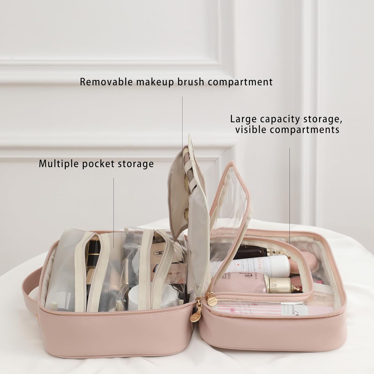 RIGHT AWAY Travel Toiletry Bag for Women,Large Makeup Bag& Cases,Waterproof Cosmetic Organizer Bag with Compartments,Portable Make Up Bag for Travel Size Toiletries,Skincare,Brushes Set,Pink - Image 5