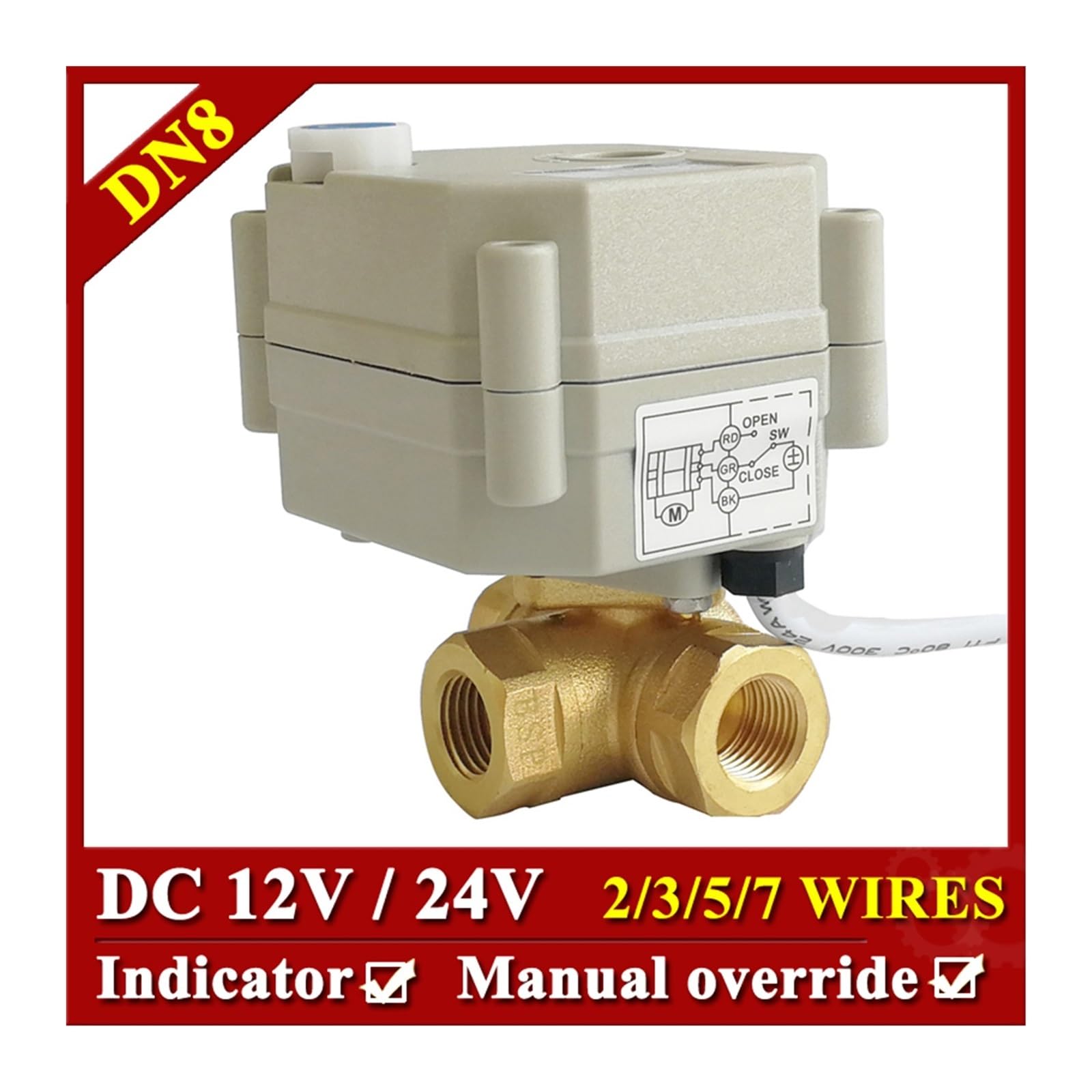 Valvola a sfera, Valvola Motorizzata DC 5V 12V 24V IP67 DN8,DN10 Elettrica Porta T/L For Il Controllo 'aria E 'acqua Metal Gear(DN8 L,BSP_24V INDICATOR_CR501)