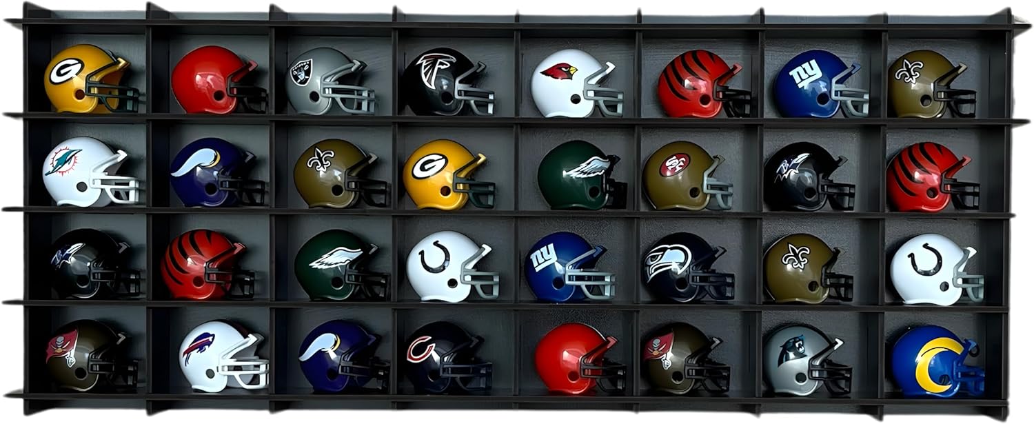 32 / 6 Color Mini Helmet Display Case,Mini Football Helmets,Football Helmet Display Case,Wall Mount (Black)