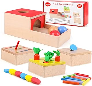 Joqutoys 4 in 1 Wooden Play Kit Montessori Toys, Includes Object Permanence Box, Carrot Harvest Game, Montessori Coin Box, Matchstick Color Drop Game –Wooden LearningToys for 1 2 3 Year Old Boy Girl