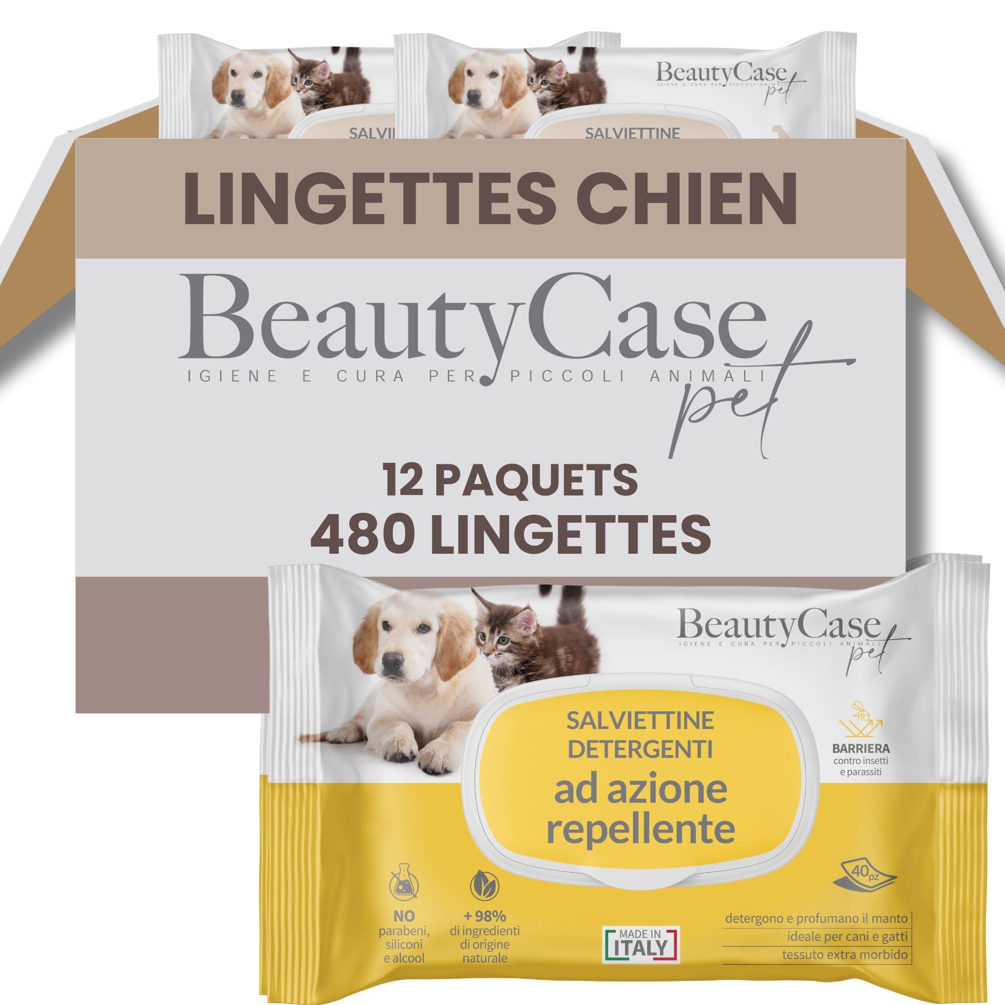 Beauty Case Lingette Chien Répulsives 480 pcs (12x40) - Lingettes Douces pour Chien, Chiot et Chat - Extra Large 20x30cm - Corps et Pattes - Action Anti-Insectes