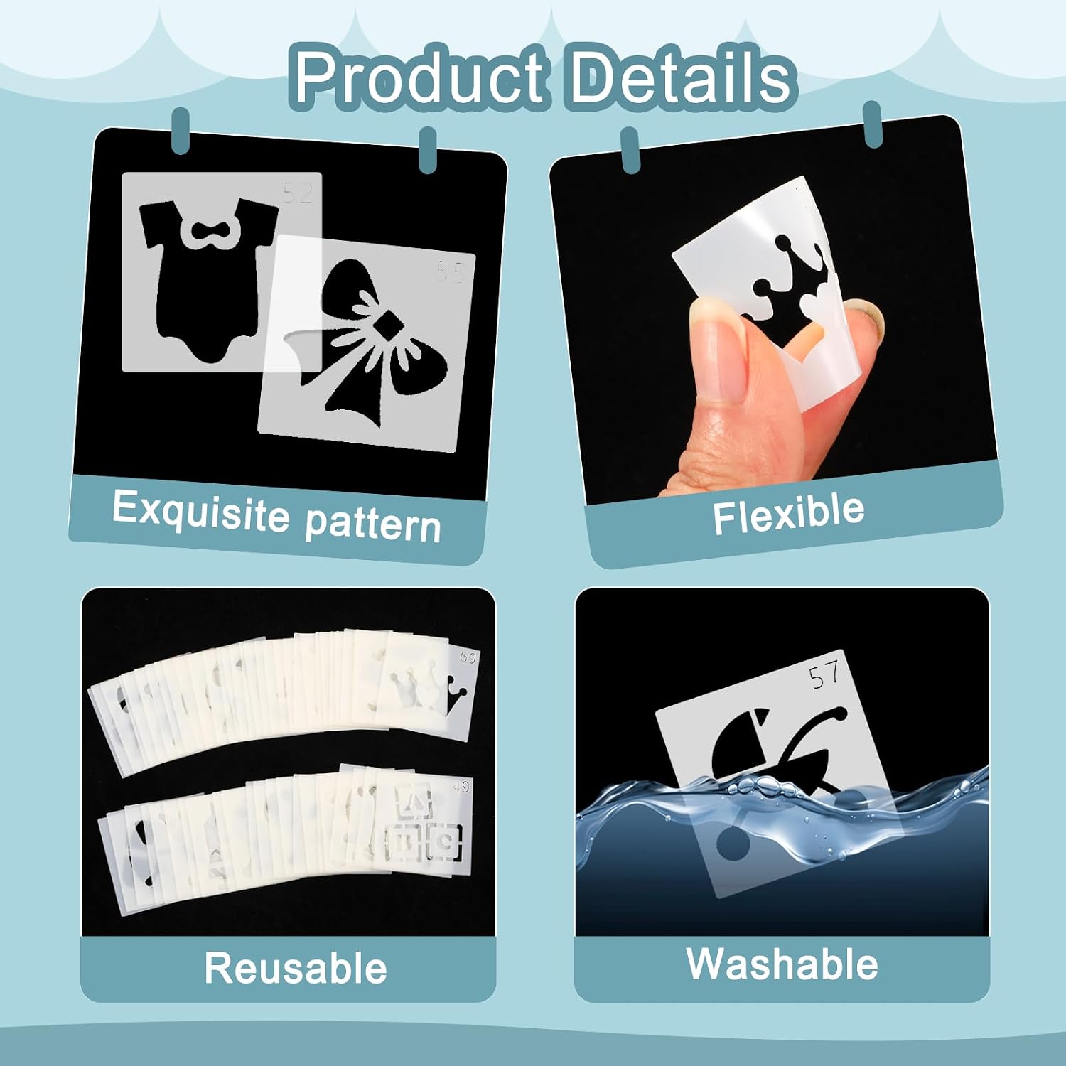 MWOOT 100 Pcs Baby Shower Stencils for Painting, 1.18 Inch Small Stencils for Crafts Reusable, Bib Decorating Kit Baby Shower, Cute Onesie Stencil for Painting on Wood, Tile, Canvas Decor (3x3 CM)