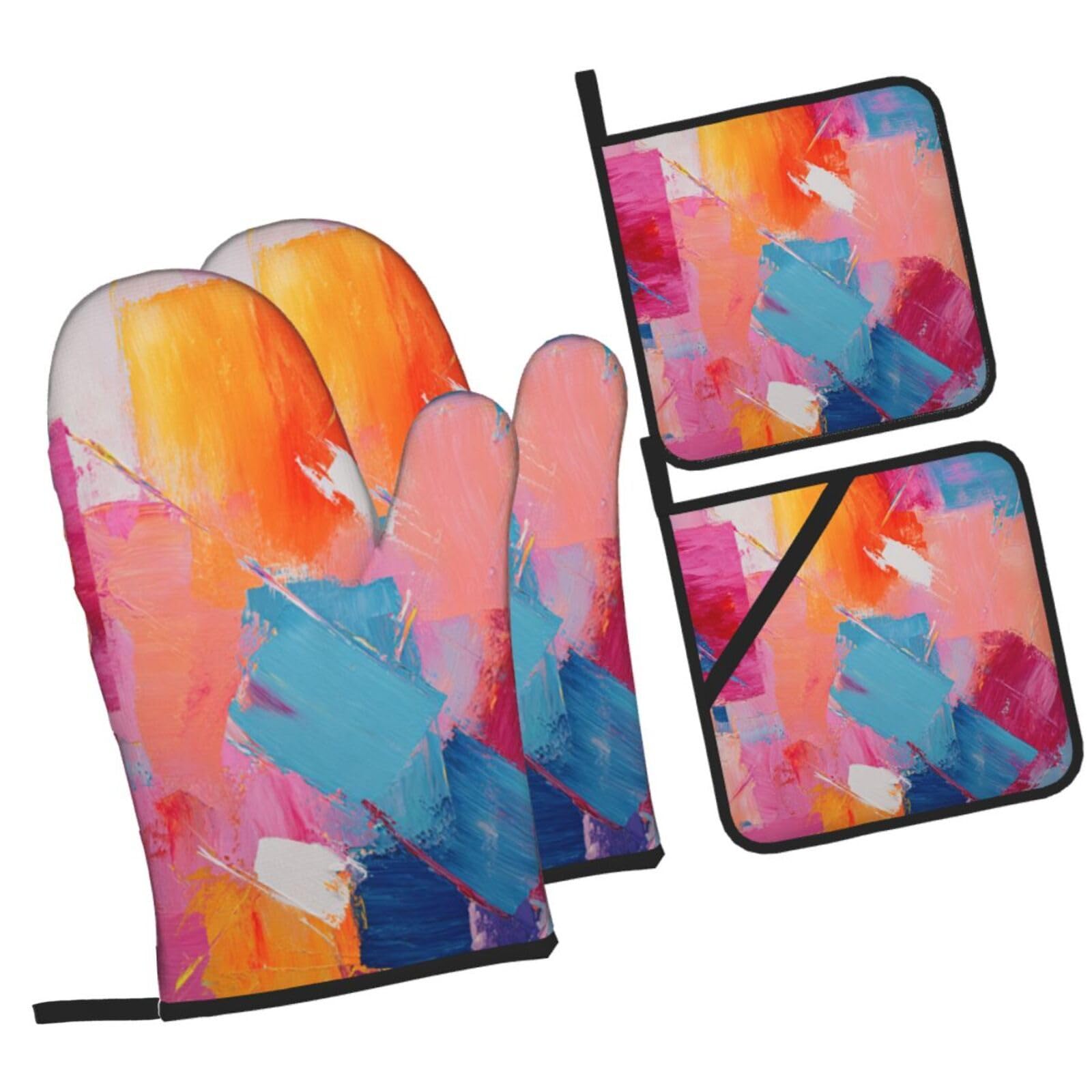 Manoplas Azul Naranja Guantes Horno un par y 2 Manteles Aislados, para Cocinar Barbacoa, Parrilla Impermeable, Resistente al Aceite y al Calor