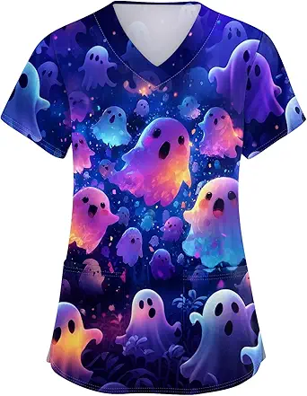 OIOLOYJM Halloween Christmas Scrub Tops Women Printed V Neck Short Sleeve Plus Size Scrubs for Womens Shirts with Pockets