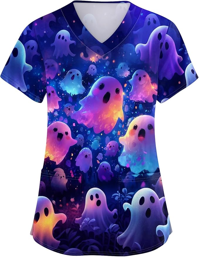 OIOLOYJM Halloween Christmas Scrub Tops Women Printed V Neck Short Sleeve Plus Size Scrubs for Womens Shirts with Pockets