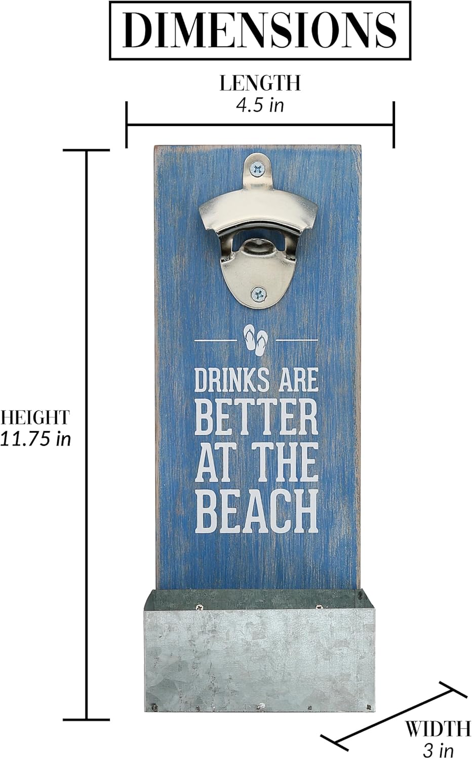 Pavilion Gift Company - At The Beach - Rustic Wall Mounted Beer Bottle Opener, Bottle Opener with Cap Catcher, Gifts For Men and Beer Lovers, Home Wall Decor, 1 Count, 4.5” x 11.5” Blue