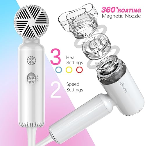 Miniatura 5 de Mini secador de pelo, secadora de alta velocidad con motor sin escobillas de 110,000 RPM, difusor magnético, tecnología iónica negativa para secado
