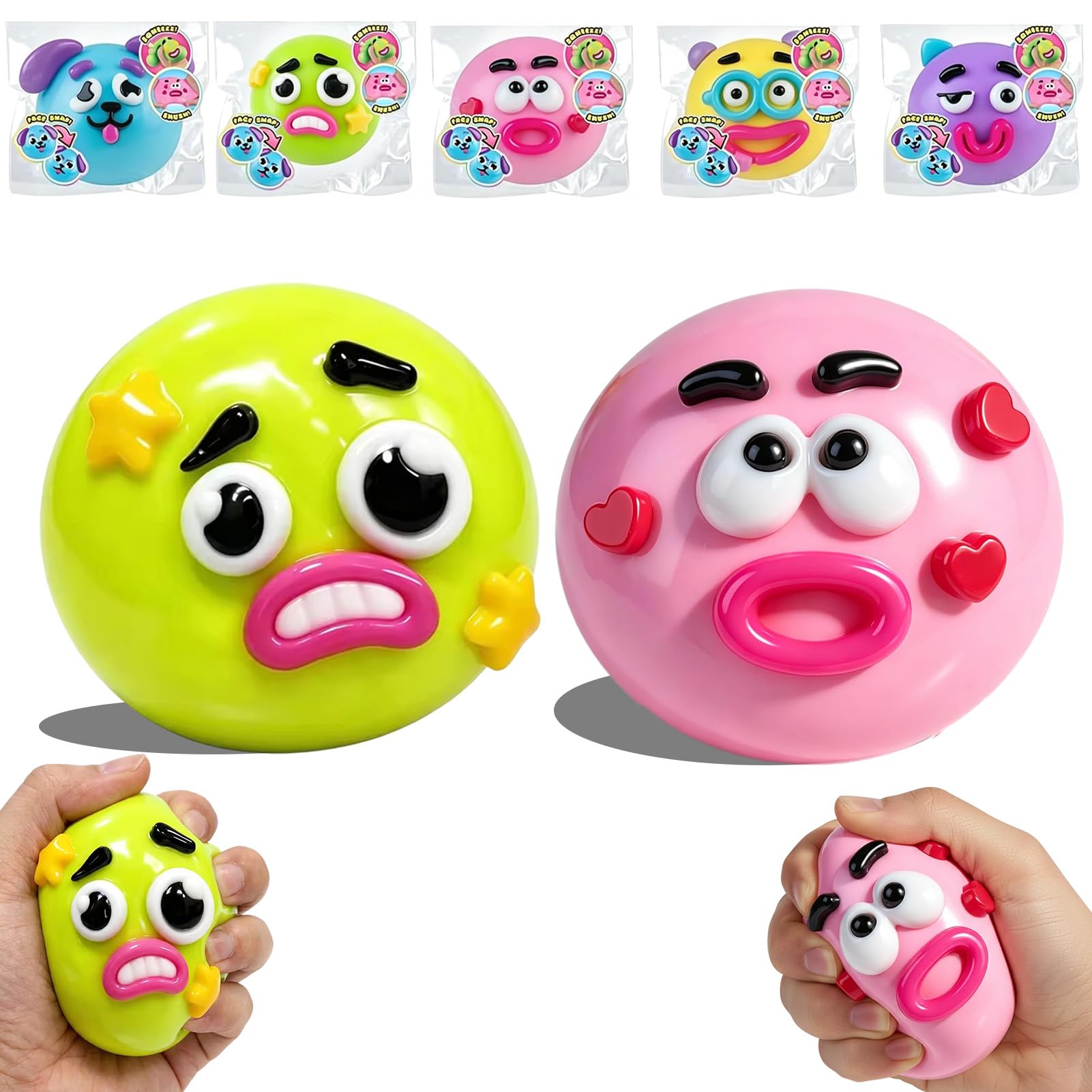 Amycute Smushers Squishy Stress Relief Squeeze Balls, Cute Animal Funny Face Fidget Toys, Soft TPR Anxiety Relief Toys for Kids & Adults, Sensory Toys for Party Favors Classroom Rewards(Green+Pink)
