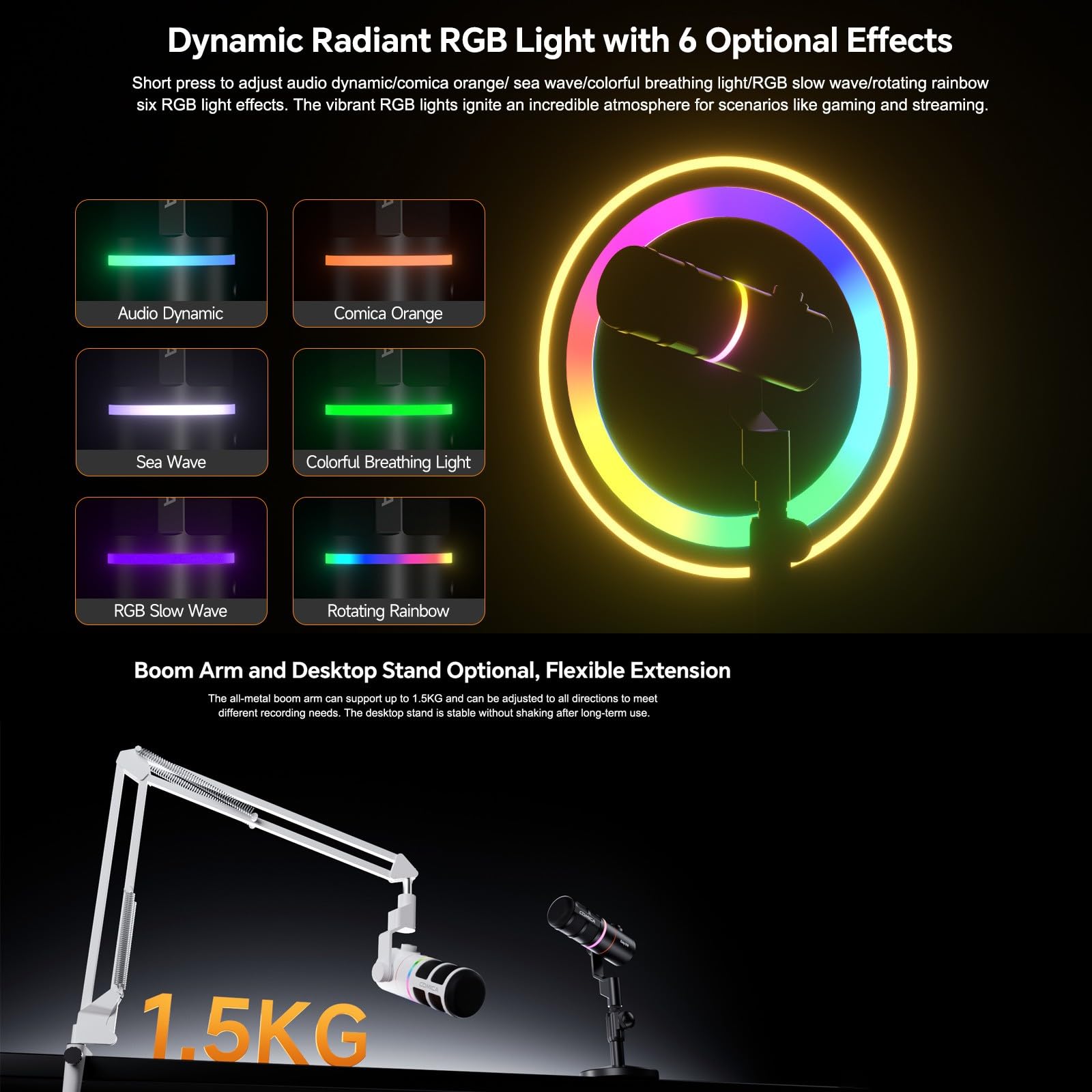 COMICA EJoy D10 A XLR USB Micrófono Dinámico con Brazo Articulado para Videojuegos, Streaming en Vivo, TikTok y Grabación de Podcasts, Incluye Luz RGB y Botón de Silencio para PC, Smartphone