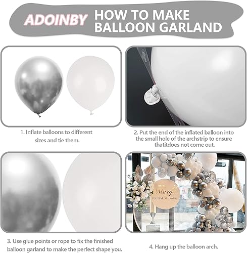 Miniatura 3 de Kit de arco de globos blancos y plateados, 140 piezas de guirnalda de globos de fiesta de confeti blanco metálico plateado y plateado para