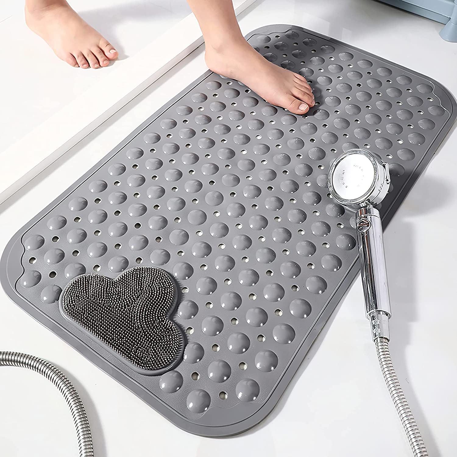 KASTWAVE Shower Mat with Exfoliating Foot Scrubber, Shower Foot Scrubber Mat, Rectangle Non-Slip Exfoliating Feet Scrub Massage Bath Tub Mat, 28 X 16 inch