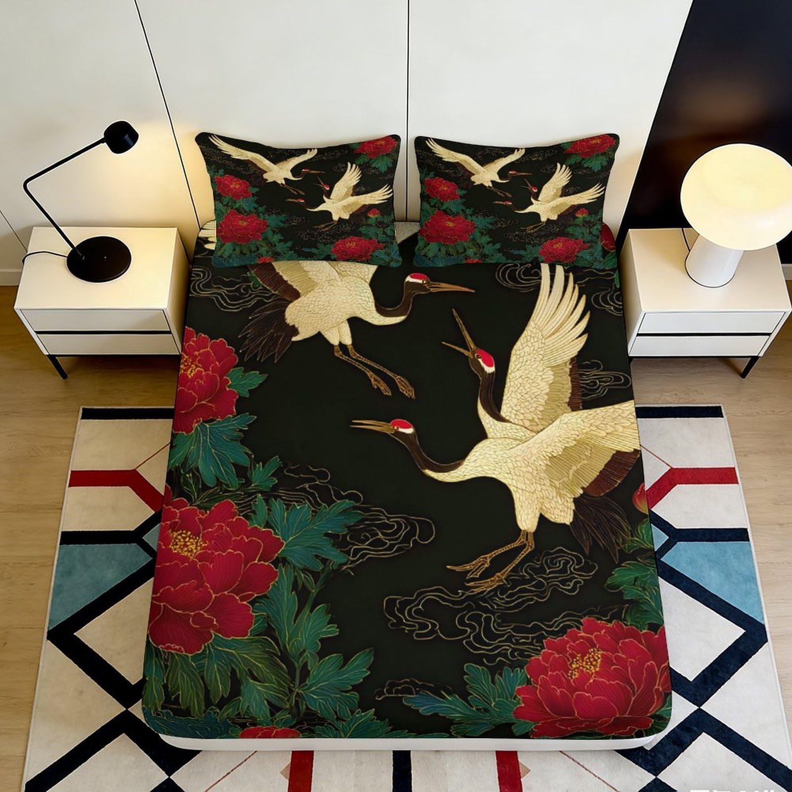 3D Printed Crane Floral Fitted Sheet Microfiber Non-Slip Deep Pocket Crane Floral Mattress Fitted Cover Washable for Bedroom 180x200x25cm