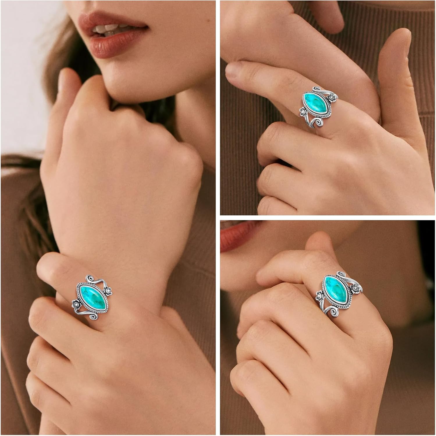 Turquoise Rings for Women 925 Sterling Silver Stacking Ring Vintage Boho Turquoise Statement Rings for Women Birthday Jewelry Gift Size 5-9 - Image 7