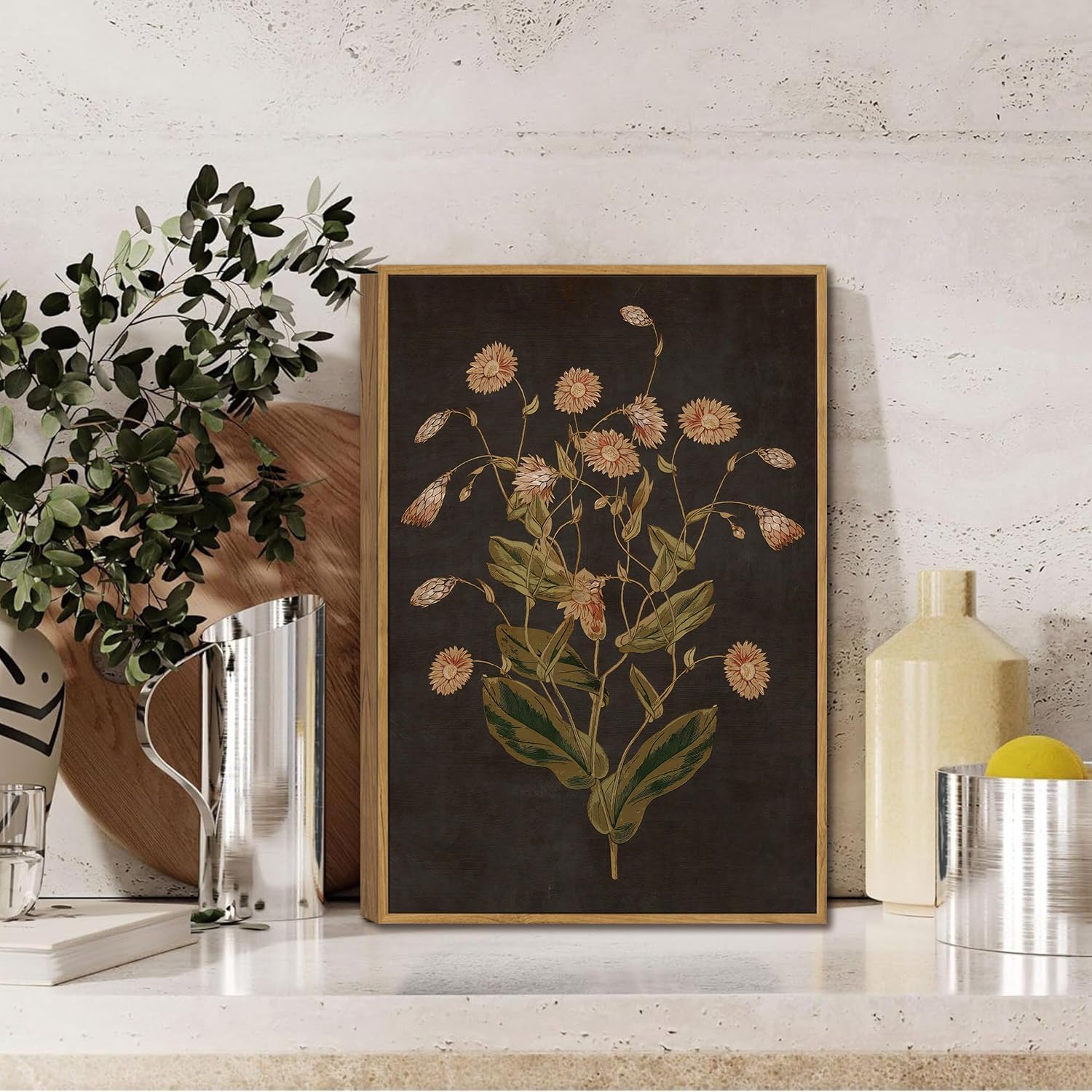 WALLZK Vintage Framed Wall Art Botanical Canvas Prints Painting Dark Moody Floral Wall Decor Retro Wildflower Pictures Artwork for Walls Living Room Bedroom Bathroom 12"x16"