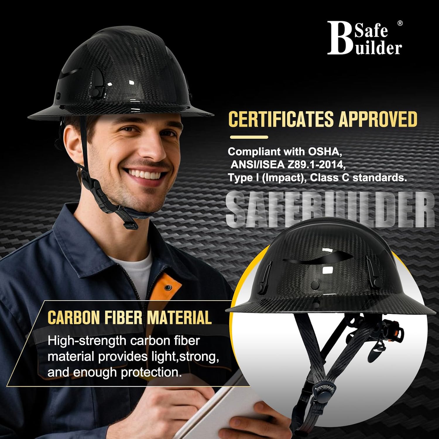 Carbon Fiber Full Brim Hard Hats Made of Carbon Fiber Safety Helmet 6-Point Suspension ANSI Certified for Construction, Industrial, Outdoor Work - Image 4