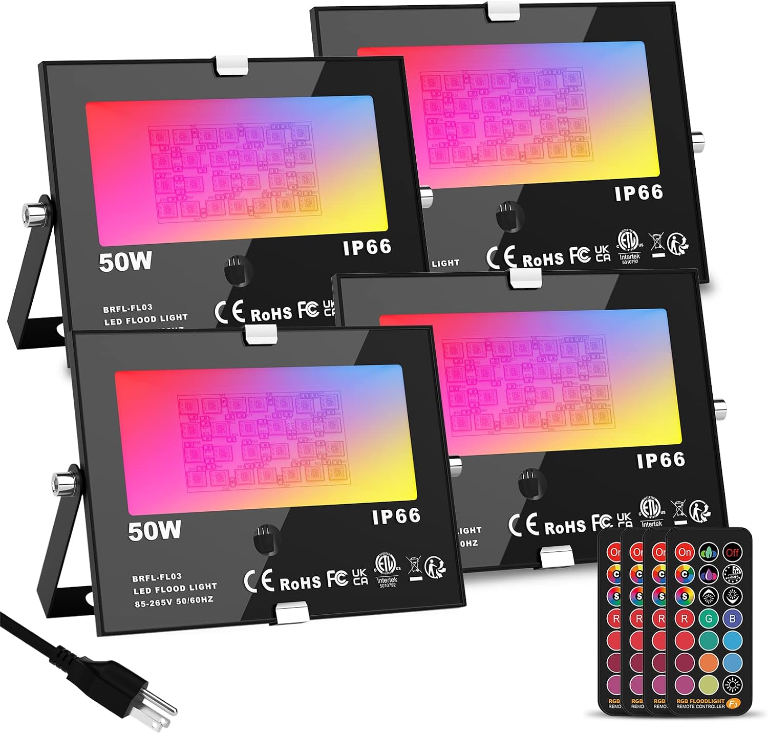 LED Flood Light RGB Color Changing Lights Outdoor Floodlights 50W, Dimmable by Remote Control, Timing, Custom Modes, IP66 Waterproof Landscape Lighting Garden LED Wall Wash Lights 4 Pack