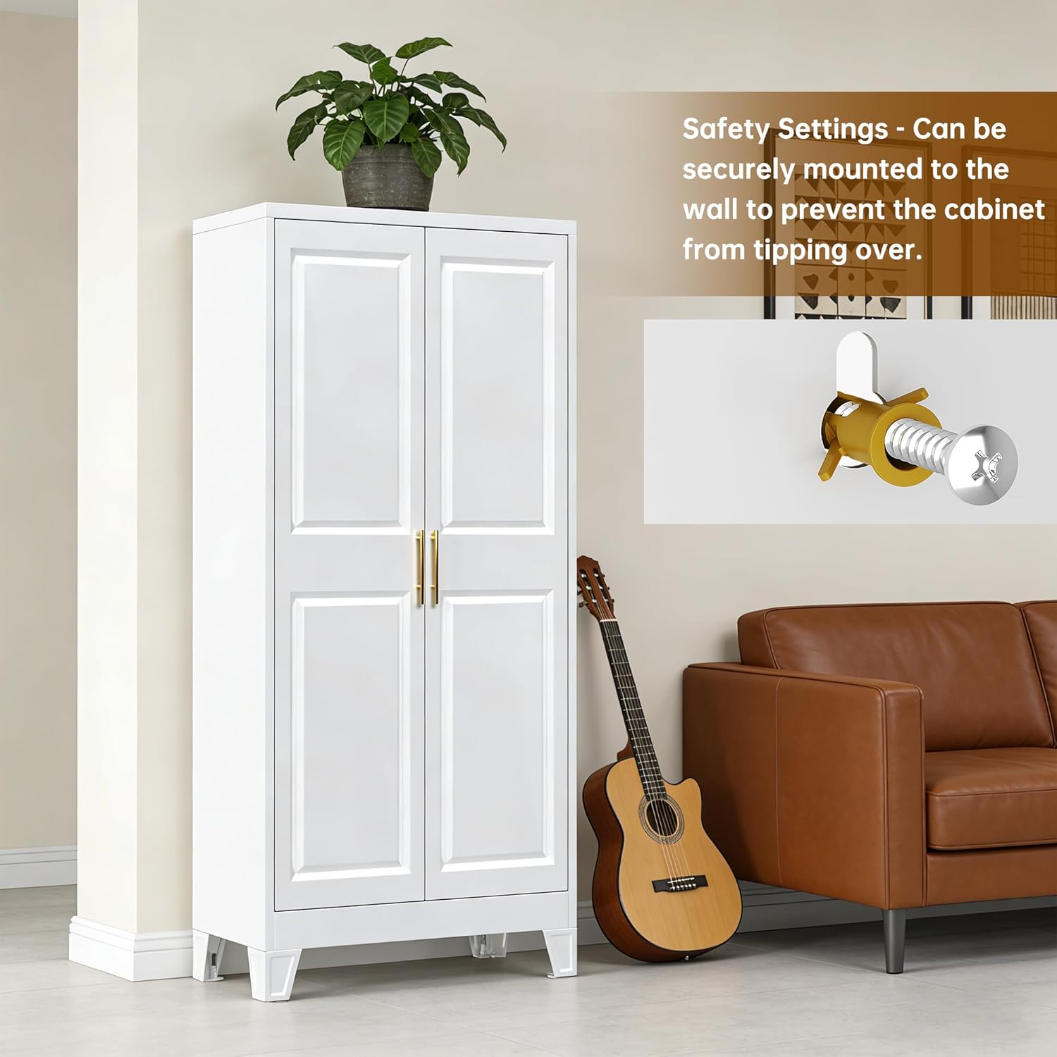 61.49''H Metal Pantry Storage Cabinet with 3 Adjustable Shelves,Farmhouse Kitchen Pantry Cabinet with 2 Doors for Home Kitchen,White, Assemble Required,13.7" D x 27.5" W x 61.4" H