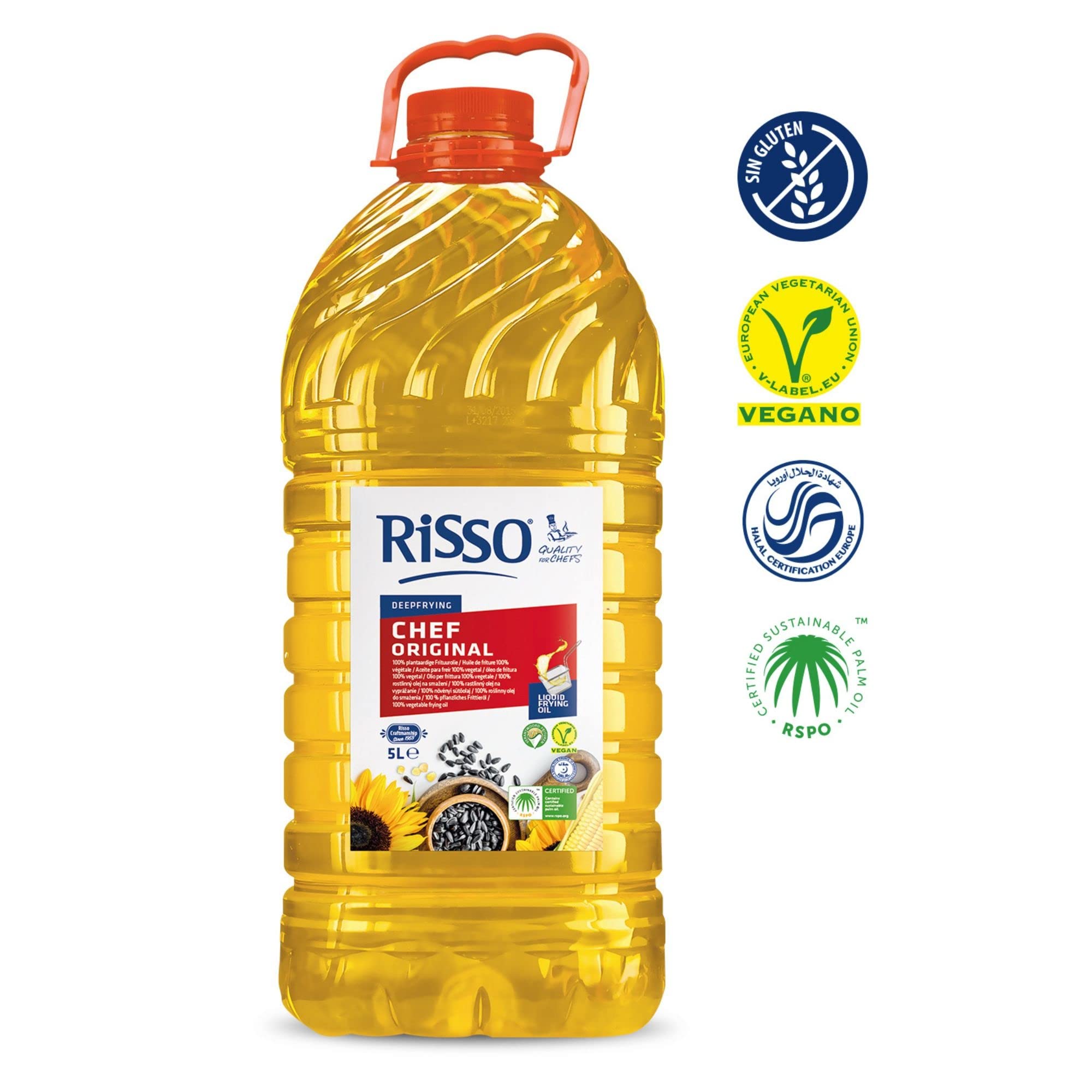 Risso - Aceite para Cocinar Risso Chef Original - Resiste el Calor y Deja Menos Olores - Bote de 5 L - Perfecto para Frituras - Aceite 100% Vegetal y Vegano - Antiespumante