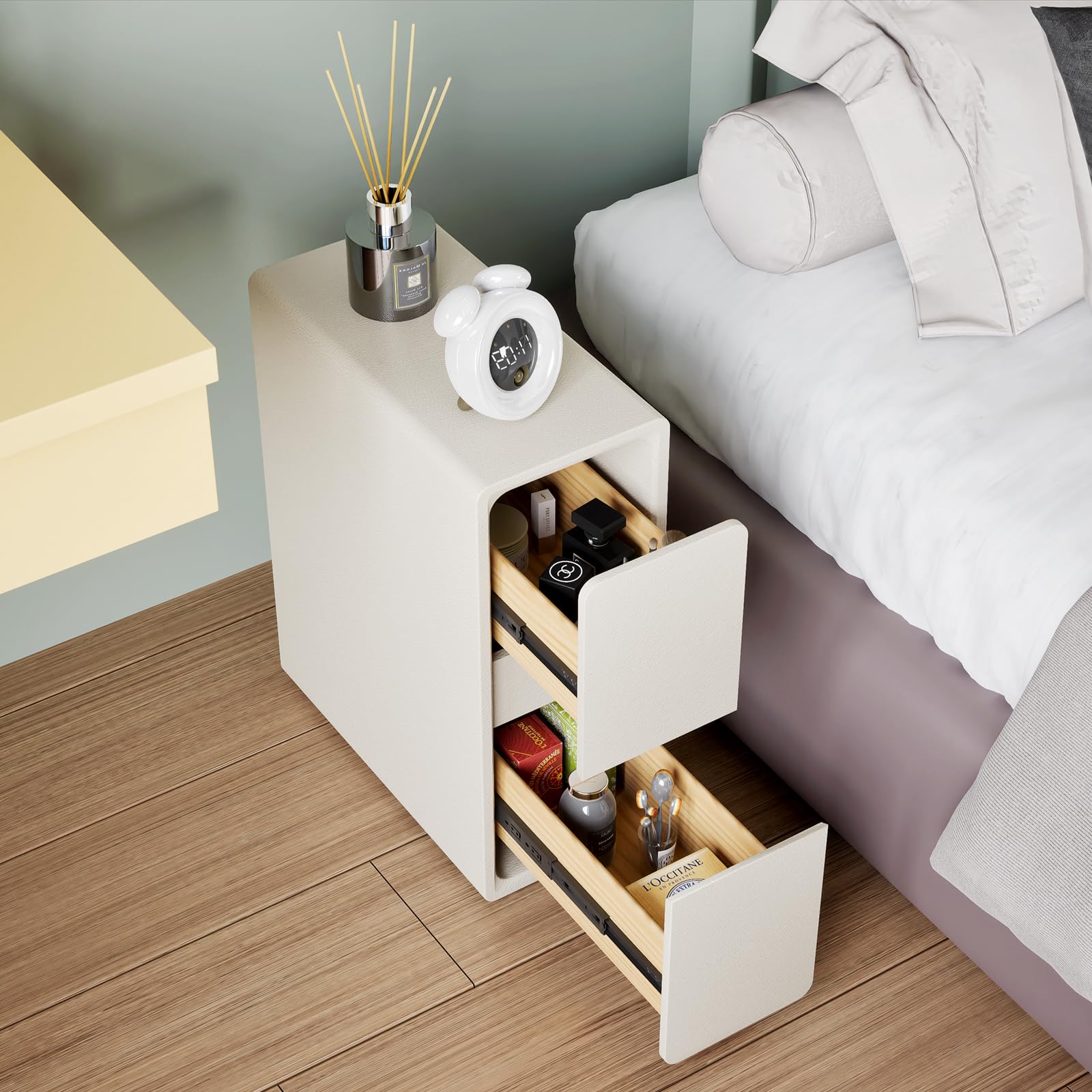 Comodino sottile, sottile, comodino moderno in pelle con 2 cassetti in legno massiccio, piccolo tavolino per camera da letto, soggiorno, 50 x 40 x 25 cm (bianco caldo)