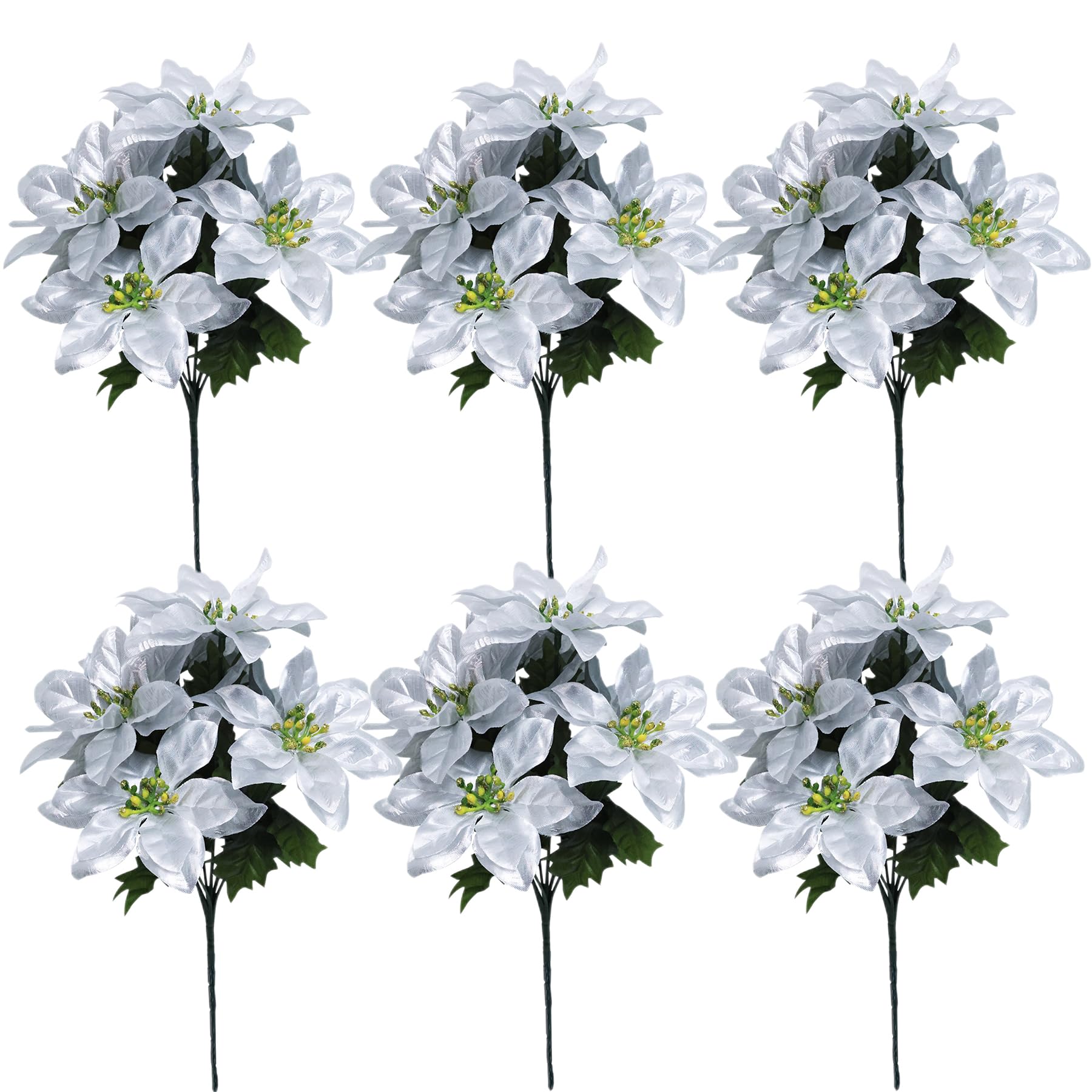 Poinsettia Artificial Flowers 7 Heads Artificial Poinsettia Bushes Fake Flowers Artificial Christmas Flower Silk Poinsettia Arrangement for Christmas Tree New Year Holiday Decoration (Silver, 6 PCS)