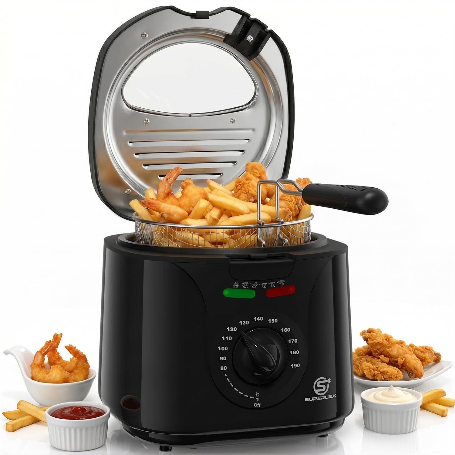 Frytkownica z tłuszczem, 2 l, elektryczna 1300 W, kompaktowa mini frytkownica, olej z regulacją temperatury, filtr ze stali nierdzewnej, do chrupiących frytek, kurczaka, ryb, przekąsek do
