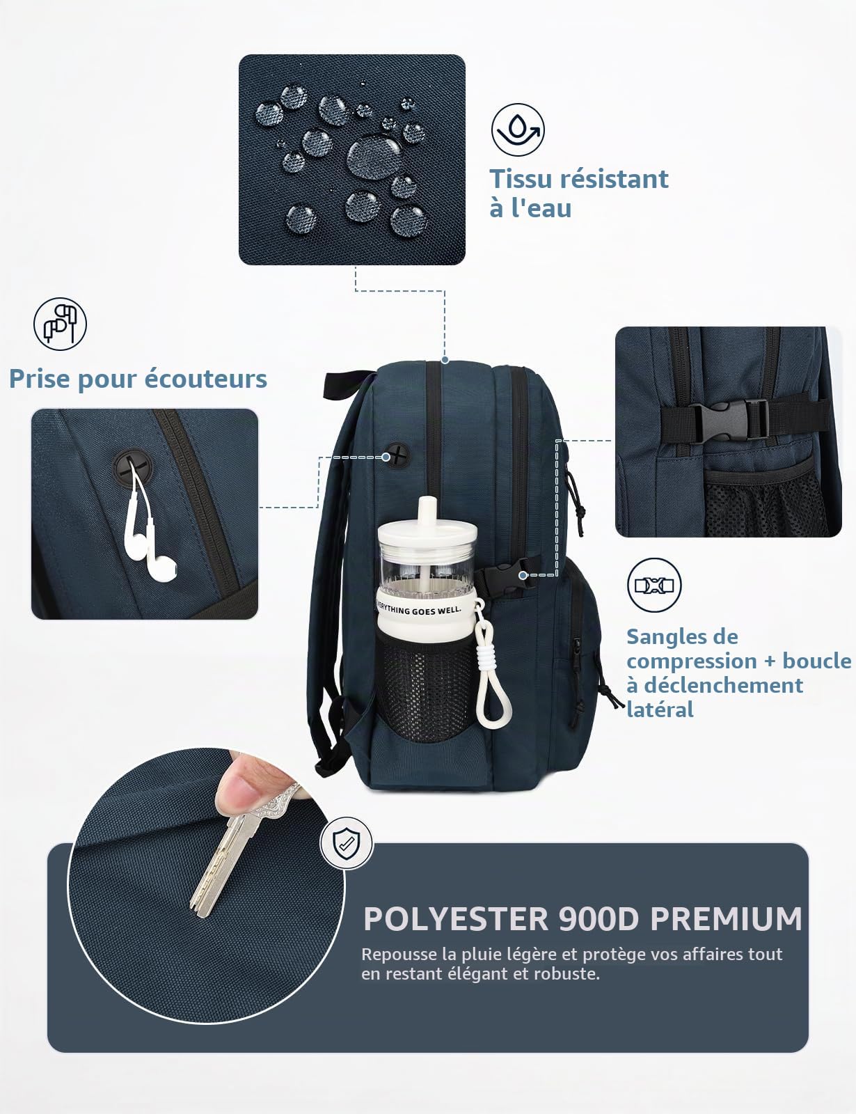 Sac à Dos College, Grand Sac a Dos École Garçon Fille 2 Compartiments 15,6 Pouces Ordinateur Léger Résistant à l'Eau​​ Cartable Ados Homme Femme pour Scolaire Lycée Voyage Travail 20L Bleu