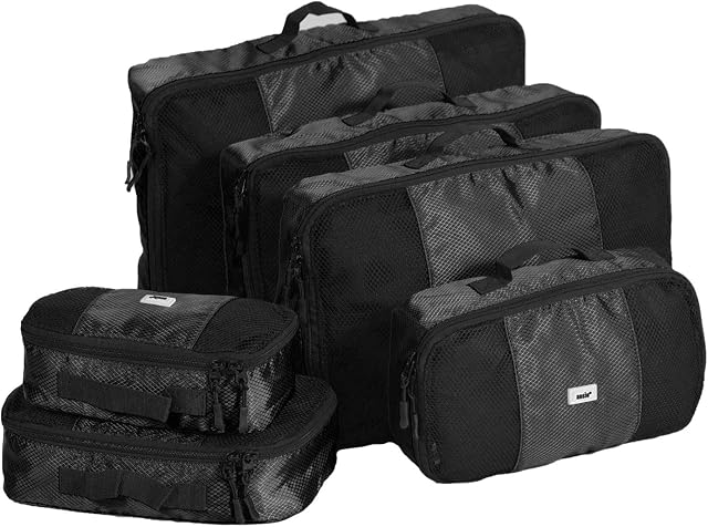 ANSIO Packing Cubes, Travel Luggage Organiser Set, Travel Cubes, Compression Bag Suitcase, Value Set for Travel and Home Storage, Small, Medium, Large, XL - (6 Piece Set) - Black