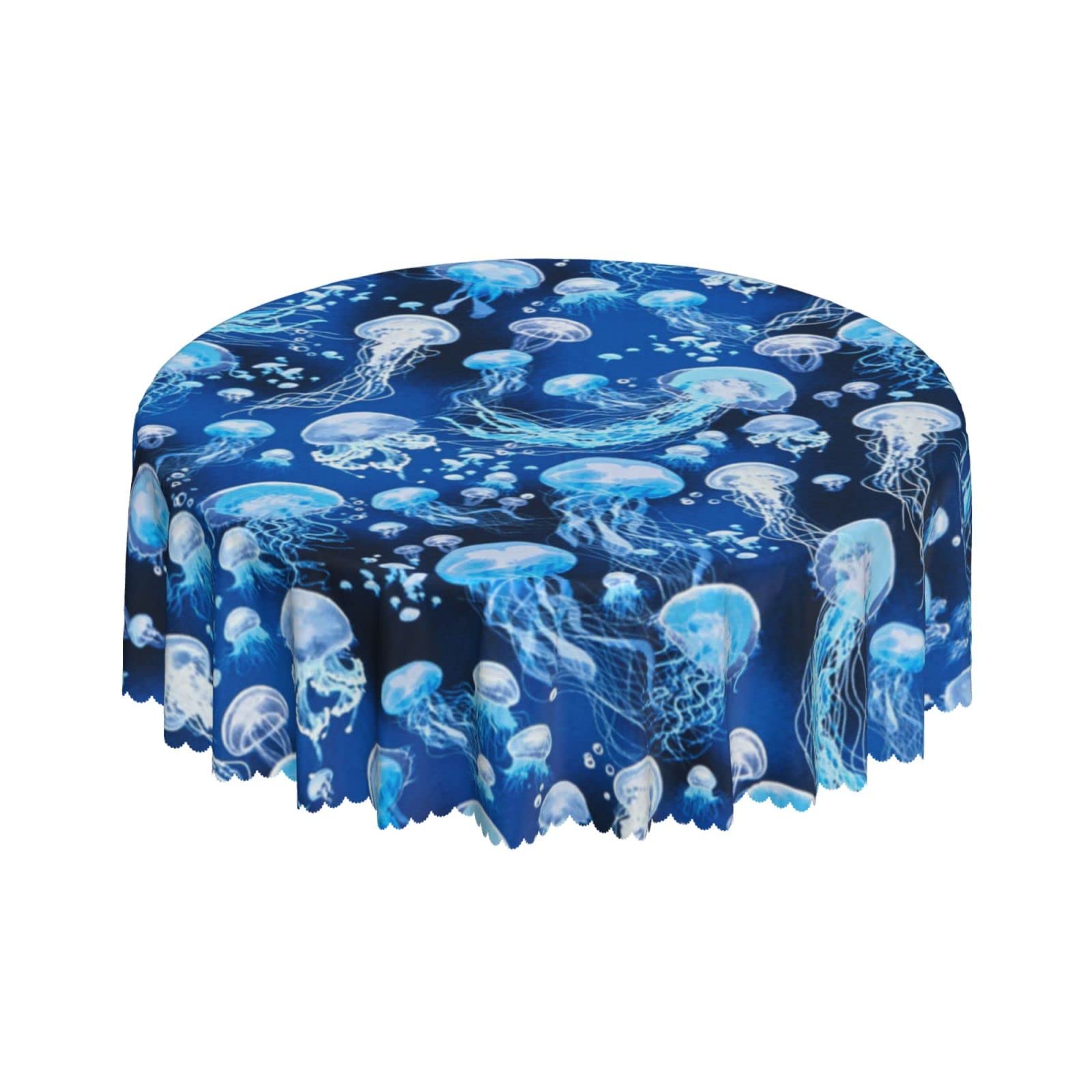 Lsjuee Vintage Jellyfish Ocean Blue Round Tablecloth 60 Inch Printed Washable Tablecloth for Dining Party Holiday Fall Home Decorative