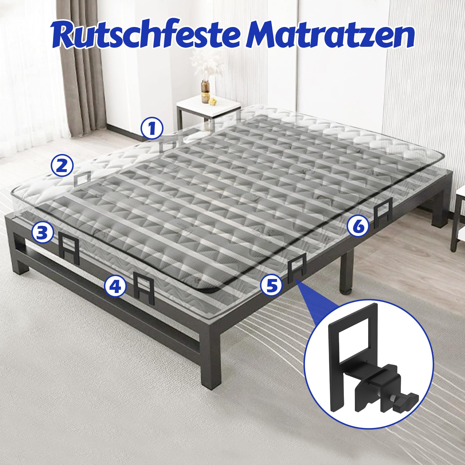 6 Stück Matratzenstopper für Bettrahmen rutschfeste Matratzendichtungen, Matratzenrutschstopper für Queen-Bettgestell, Matratzenhalterung, Schnelle Montage & Geräuschschutz