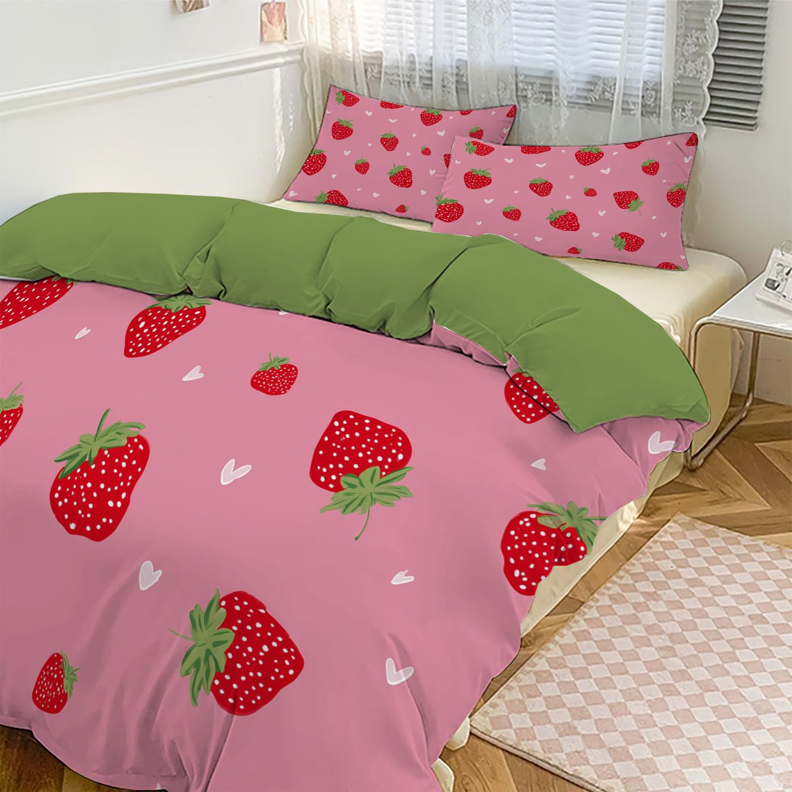 Housse de couette 140x200cm enfant parure de lit rose foncé motif fraise