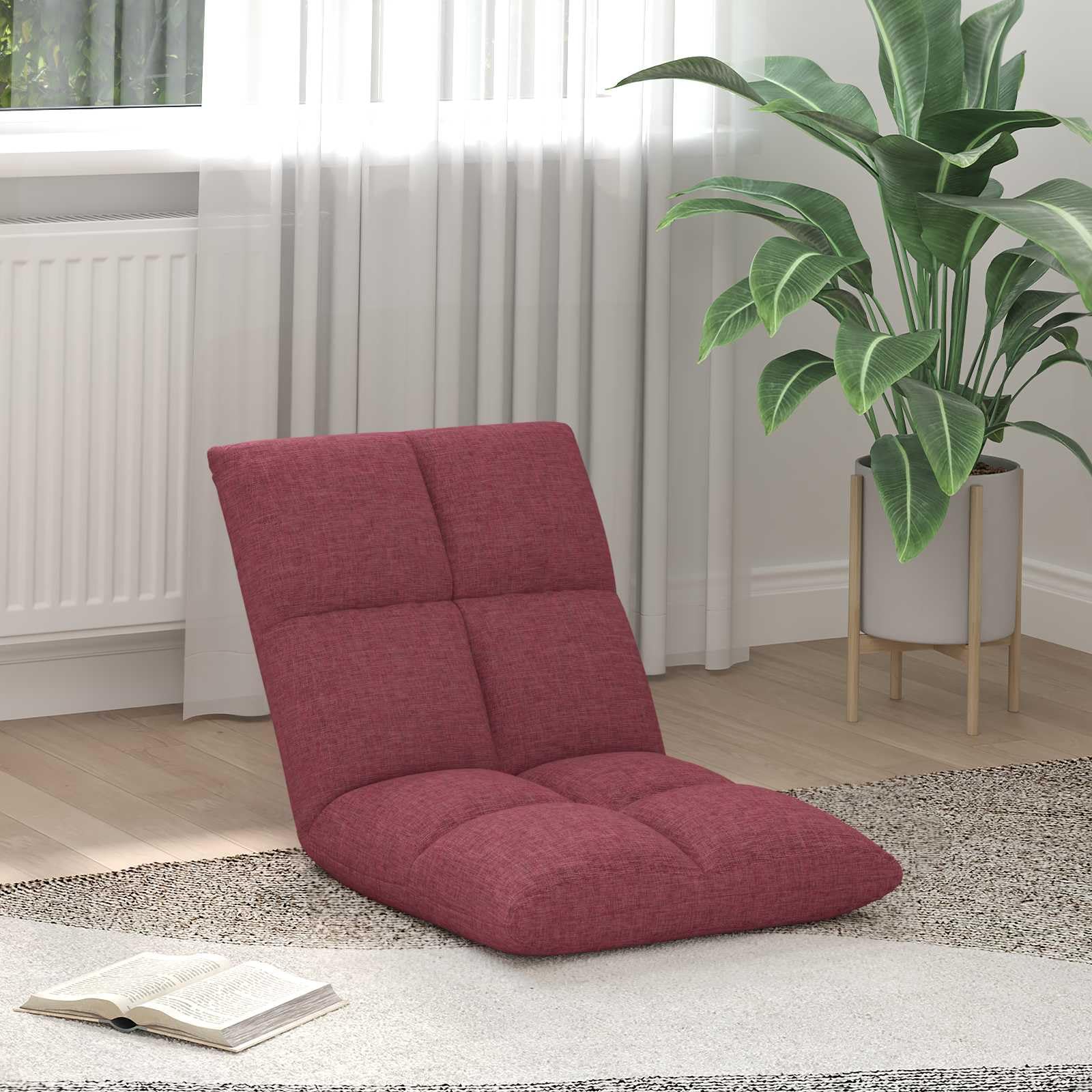 Regulowane krzesło podłogowe, czerwone wino, tkanina tapicerowana z oparciem, składane i składane, ergonomiczne, do salonu, sypialni, na balkon, idealne do czytania, medytacji, jogi, gier