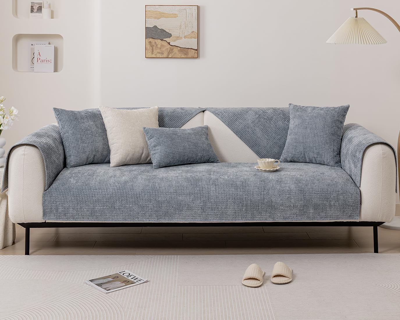 vctops Farmhouse Plaid Chenille Couch Sofa Cover Super Soft Plush Sectional Couch Covers Anti-Slip Solid Sofa Slipcover for Dogs, Children, Pets Furniture Protector (Light Grey,28"x28")