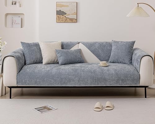 Miniatura 9 de vctops Funda de sofá de felpilla a cuadros de granja para sofá, funda de felpa súper suave para sofá seccional, funda antideslizante para sofá